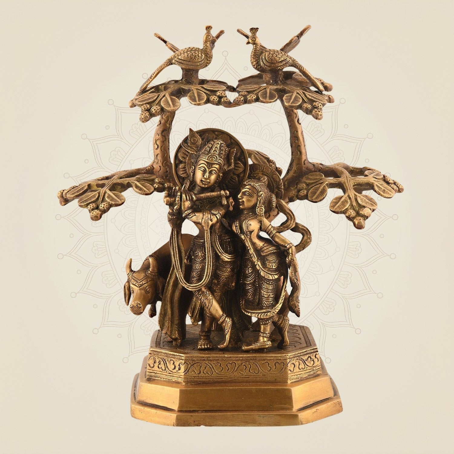 Handcrafted Brass Radha Krishna Idol with Tree 12" – Divine Decor for Home & Pooja