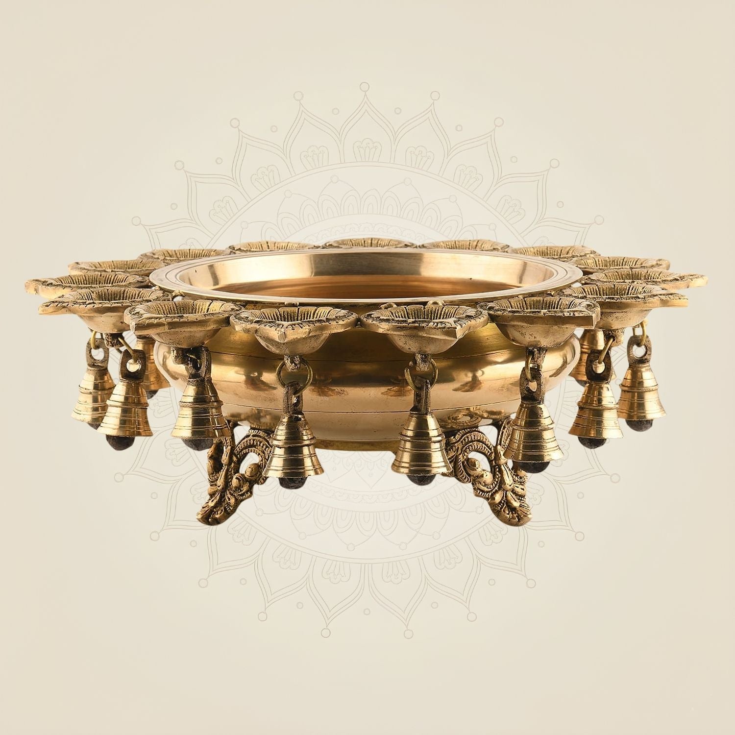 Brass Urli with Diya & Bells 5.25" – Traditional Decorative Bowl