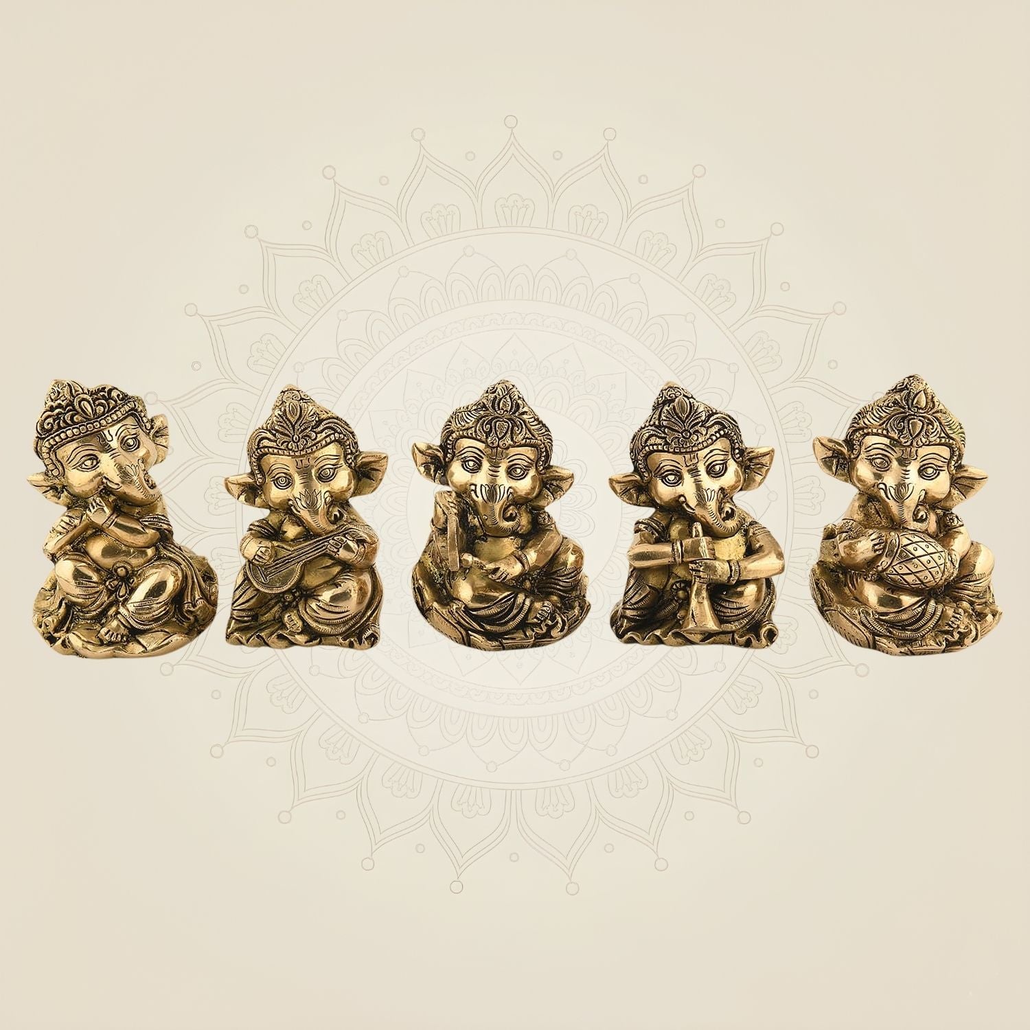 Ganesha Musician Set of 5 – 5 Inch" Brass Idols for Festive, Gifts & Spiritual Decor