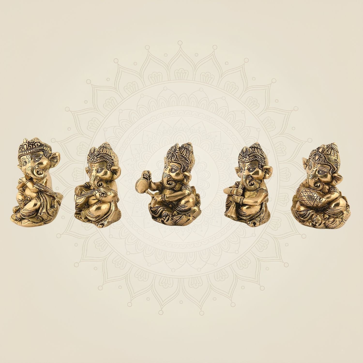 Ganesha Musician Set of 5 – 5 Inch" Brass Idols for Festive, Gifts & Spiritual Decor
