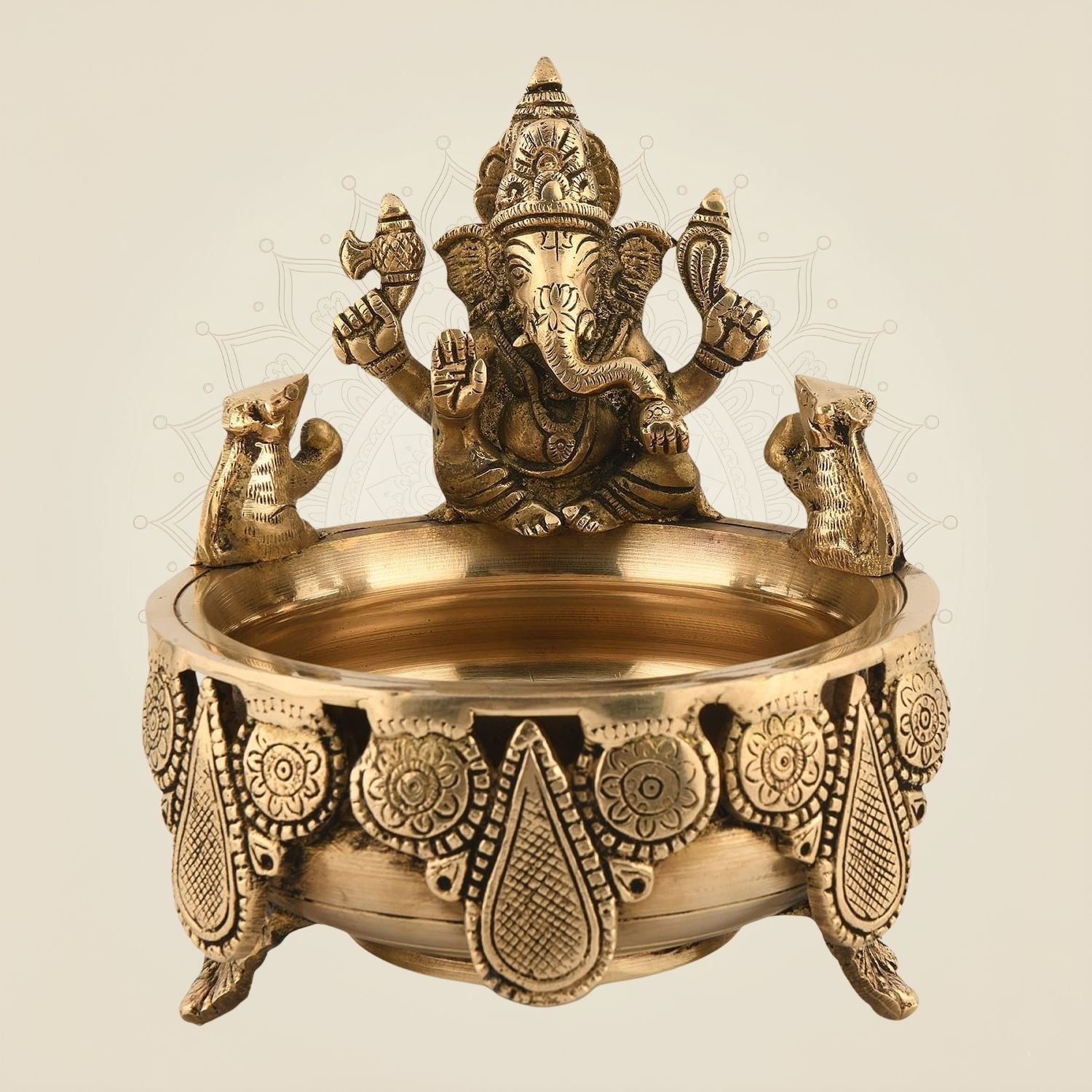 Ganesha Urli Bowl 7" - Handcrafted Pure Brass Decorative Urli for Pooja & Festive Decor