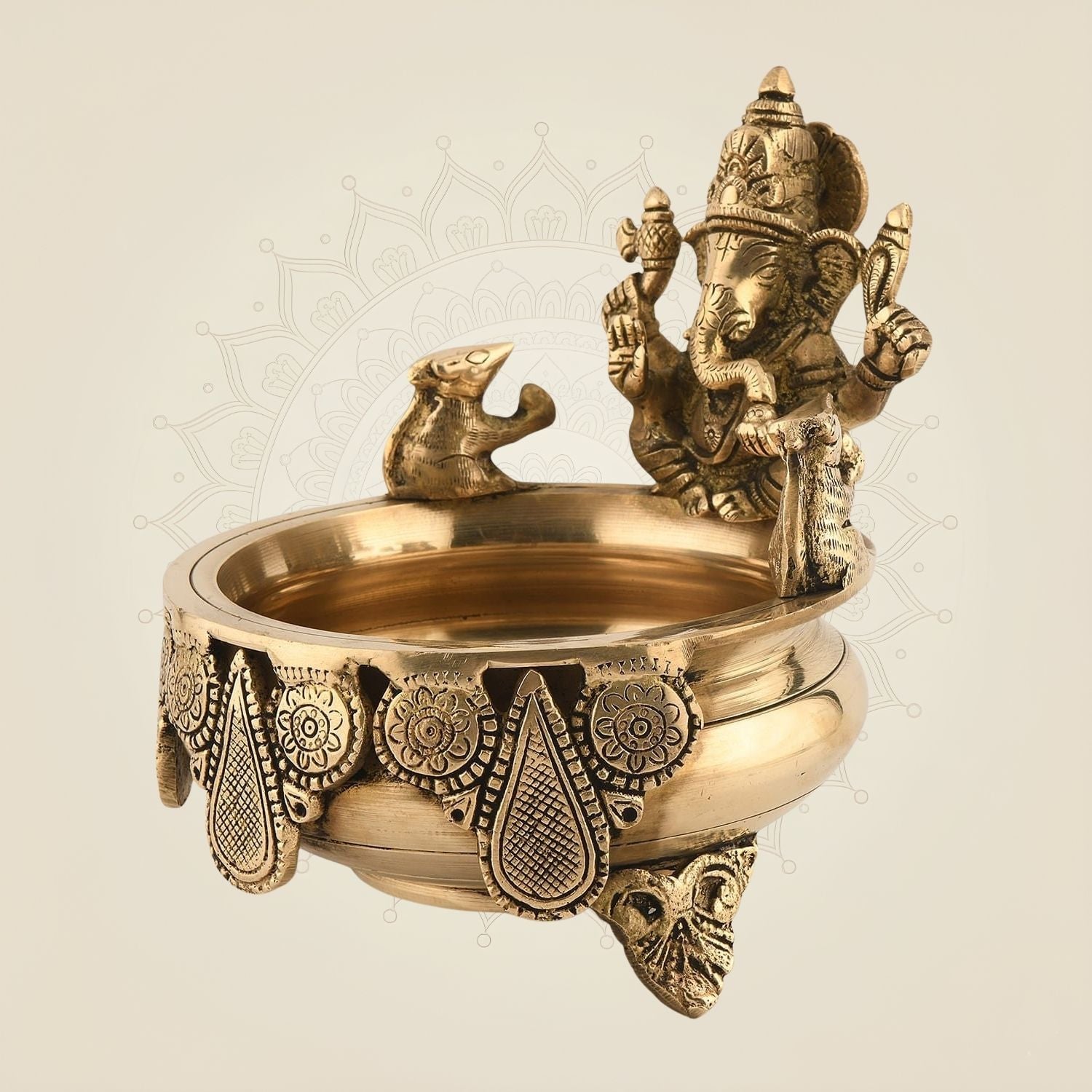 Ganesha Urli Bowl 7" - Handcrafted Pure Brass Decorative Urli for Pooja & Festive Decor
