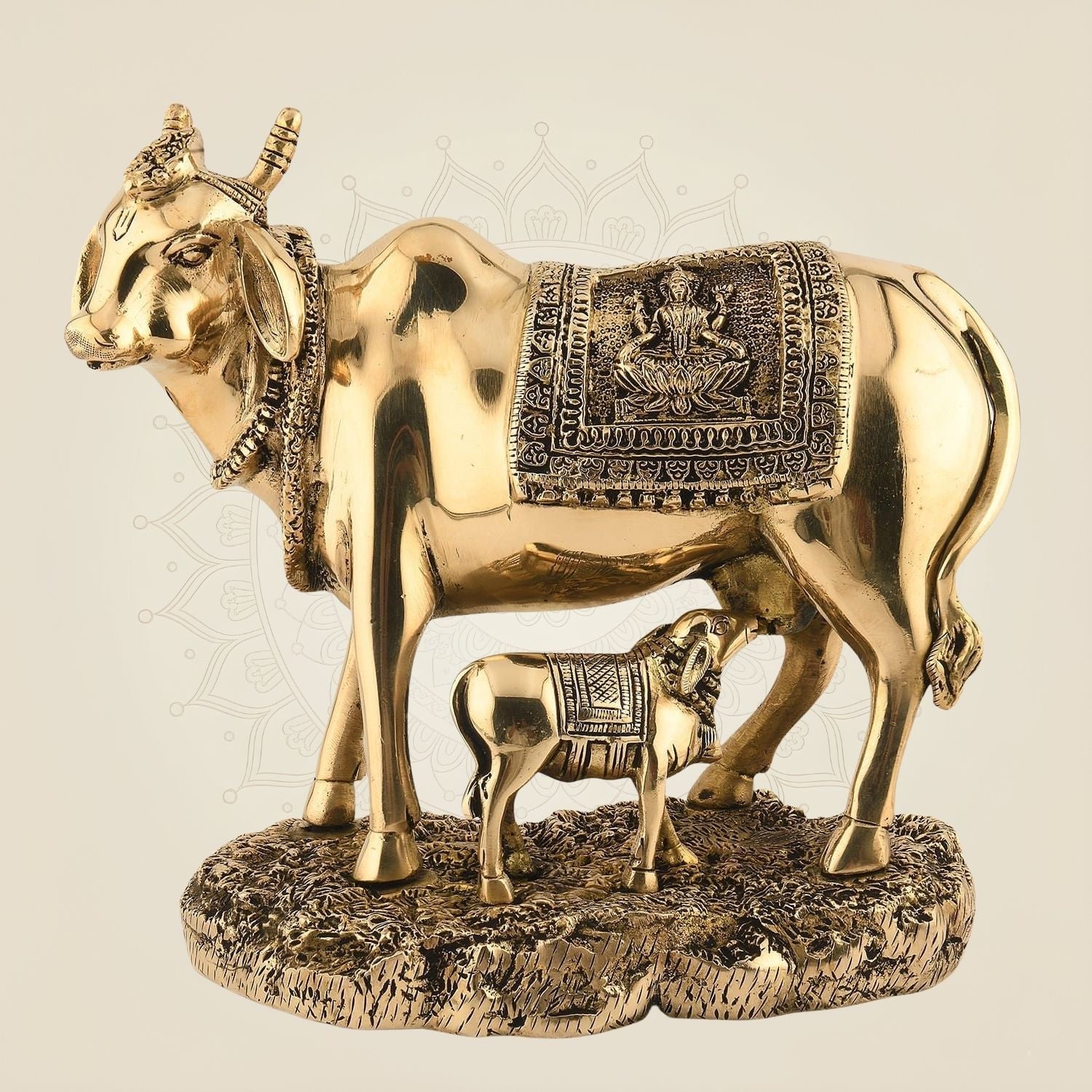 Cow with Calf Brass Idol 10" – Handcrafted Kamdhenu Sculpture