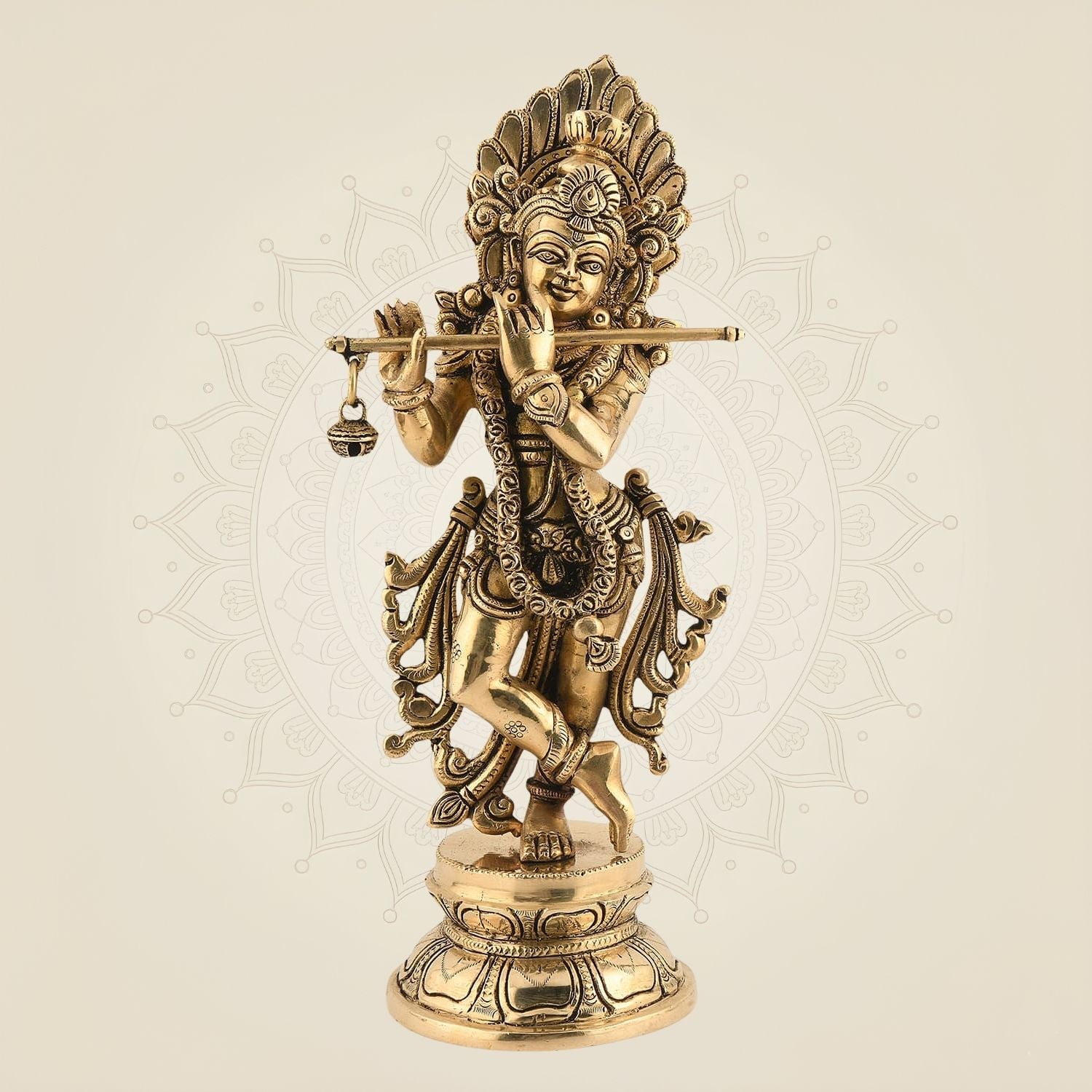 Krishna with Flute Idol 12.75" – Handcrafted Superfine Pure Brass Murti for Pooja
