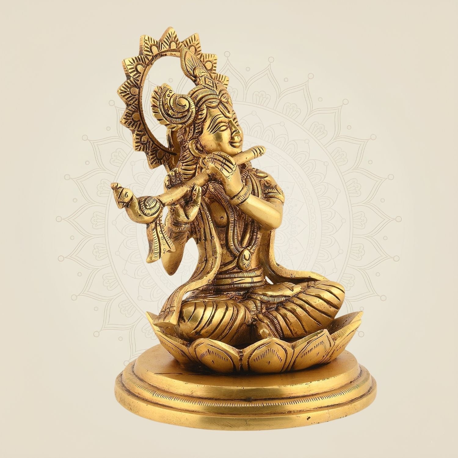 Krishna with Flute Idol 7.5" – Sitting Brass Kanha Sculpture Divine Gift Items & Pooja