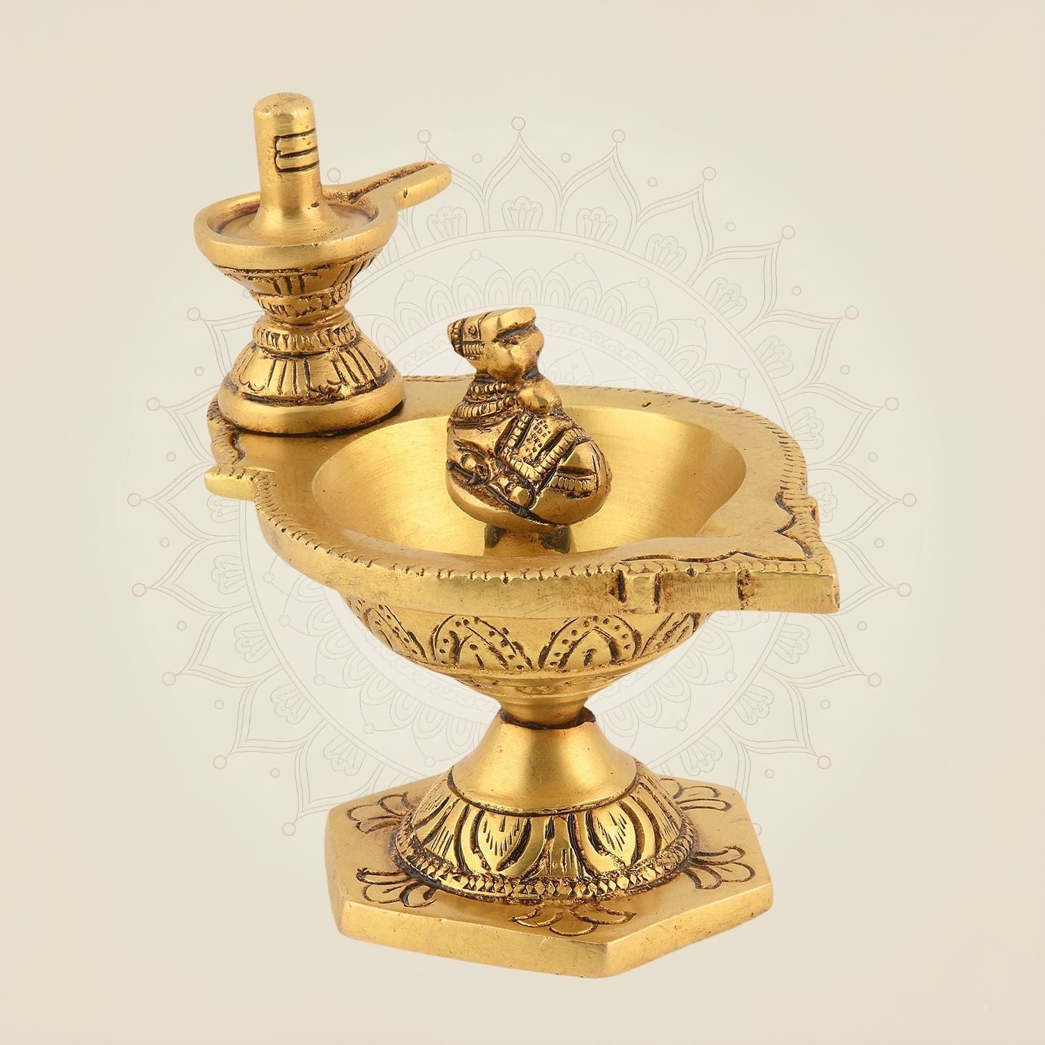 Pure Brass Shivling & Nandi Diya 4.25" – Handcrafted Table Lamp for Pooja Decor