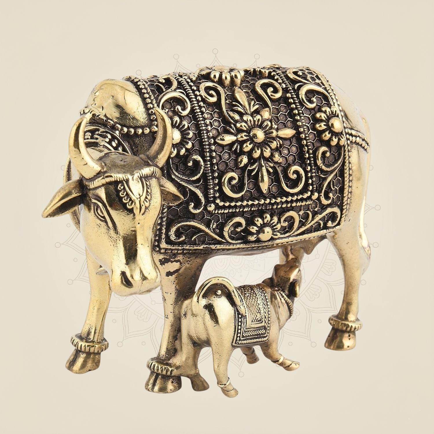 Kamdhenu Cow with Calf 3.5" – Intricately Carved Pure Brass Lightweight Idol
