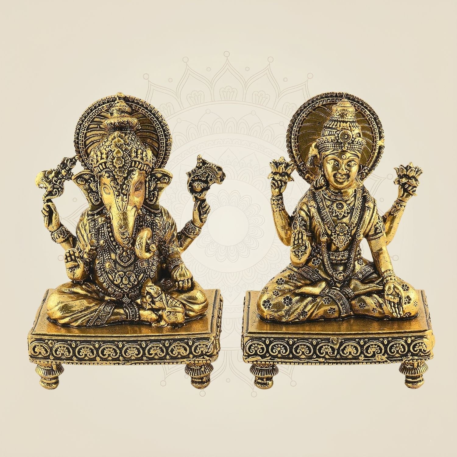 4" Laxmi Ganesh Brass Idol Pair – Handcrafted Platform Statues for Pooja & Gift Decor