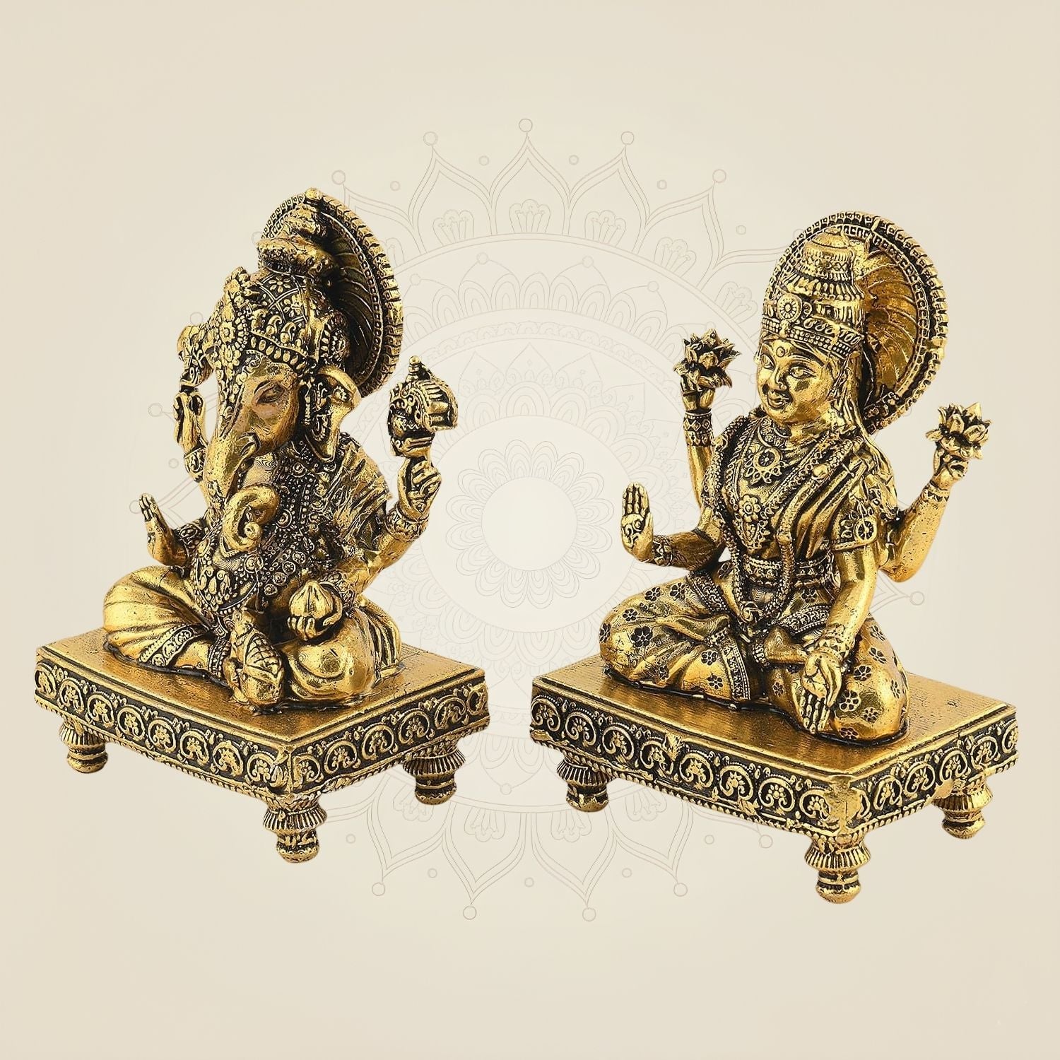 4" Laxmi Ganesh Brass Idol Pair – Handcrafted Platform Statues for Pooja & Gift Decor