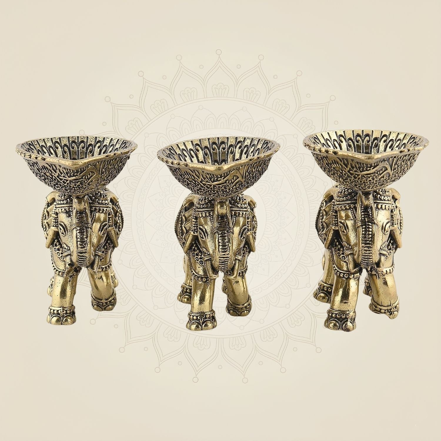 Set of 3 Elephant Diya 3.5" – Brass Oil Lamps on Trunk