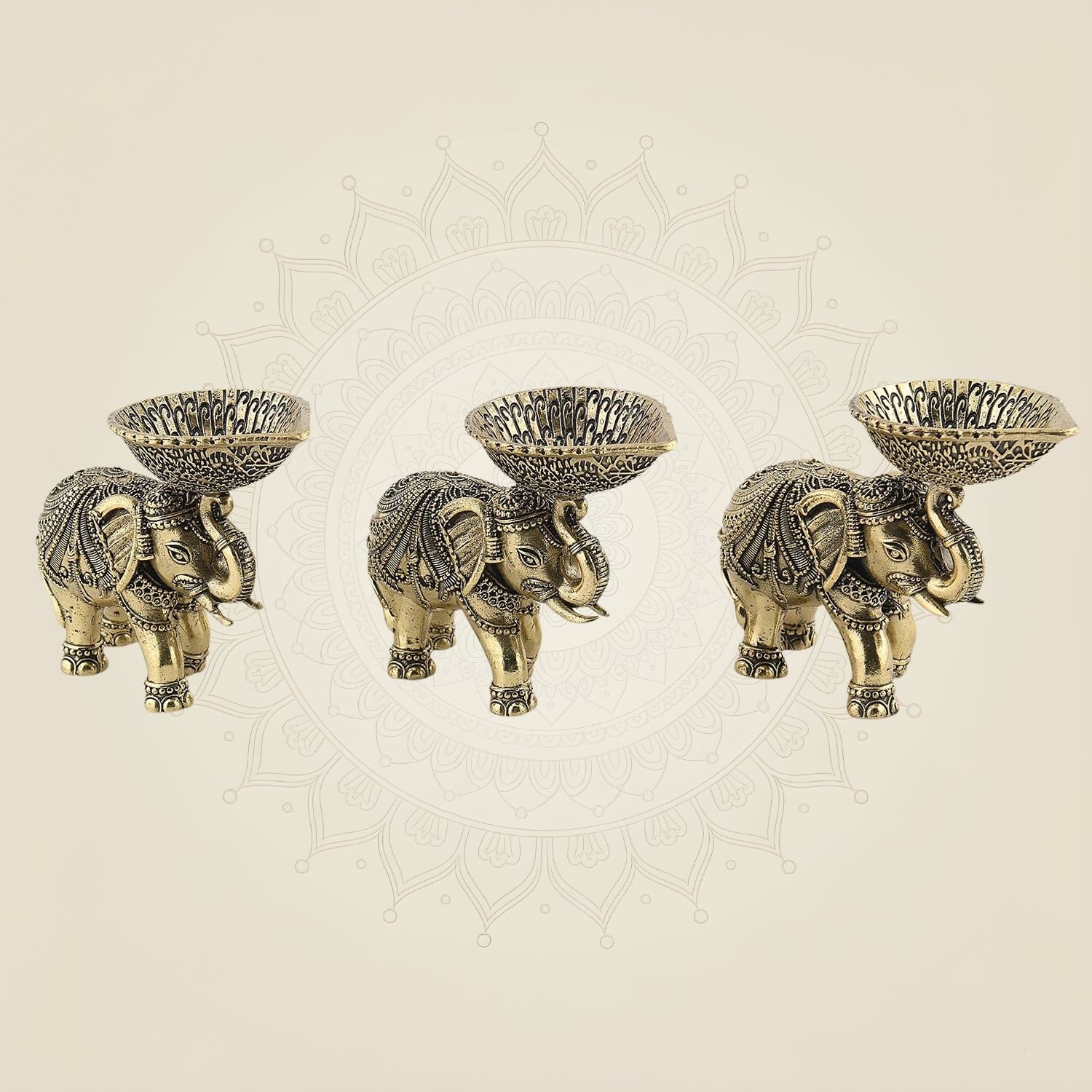Set of 3 Elephant Diya 3.5" – Brass Oil Lamps on Trunk