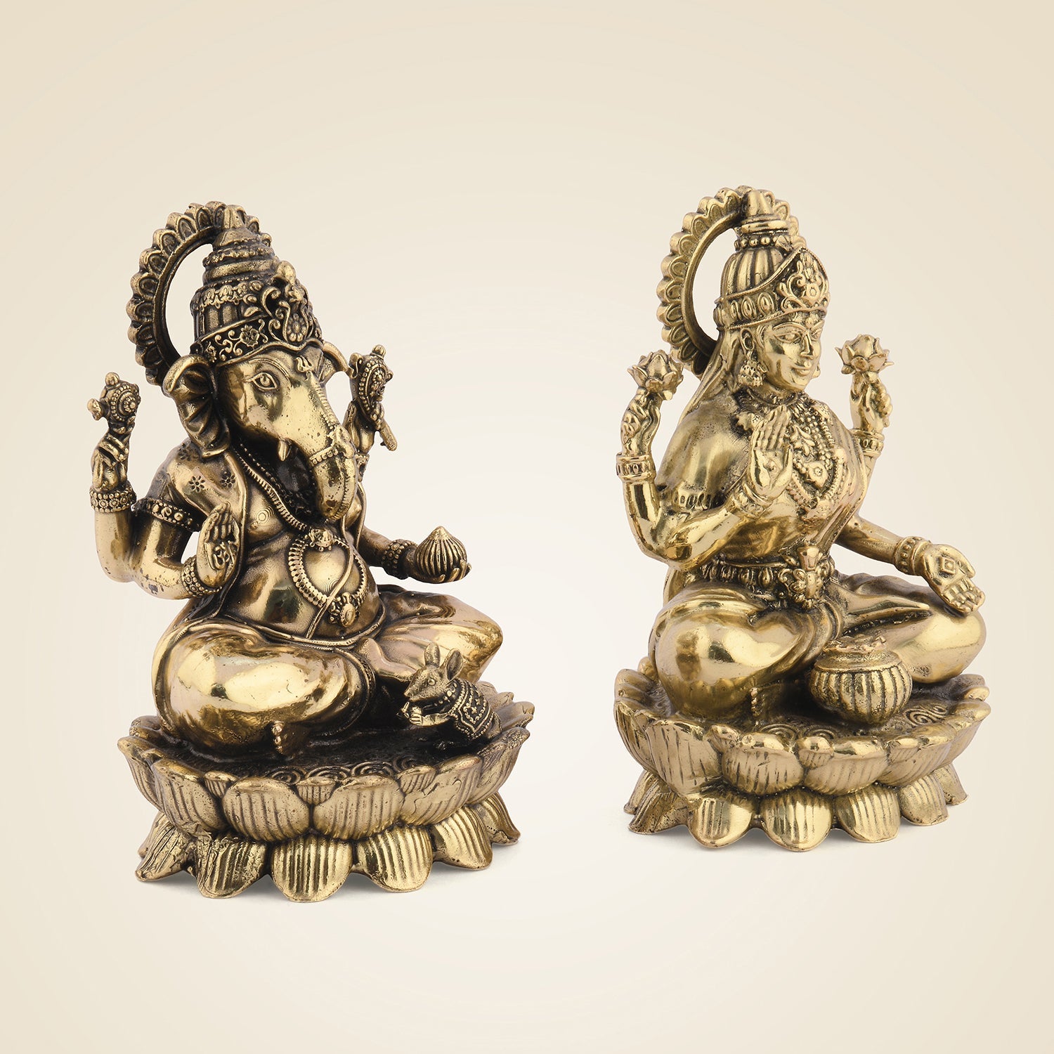 Brass Laxmi Ganesh Idol Pair – Small Lotus Base Murti 3" for Diwali Puja
