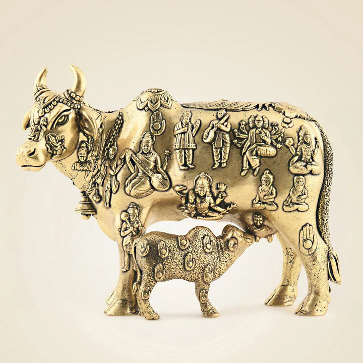 Kamdhenu Cow & Calf Brass Idol 3.75" – Sacred Indian Symbol of Prosperity