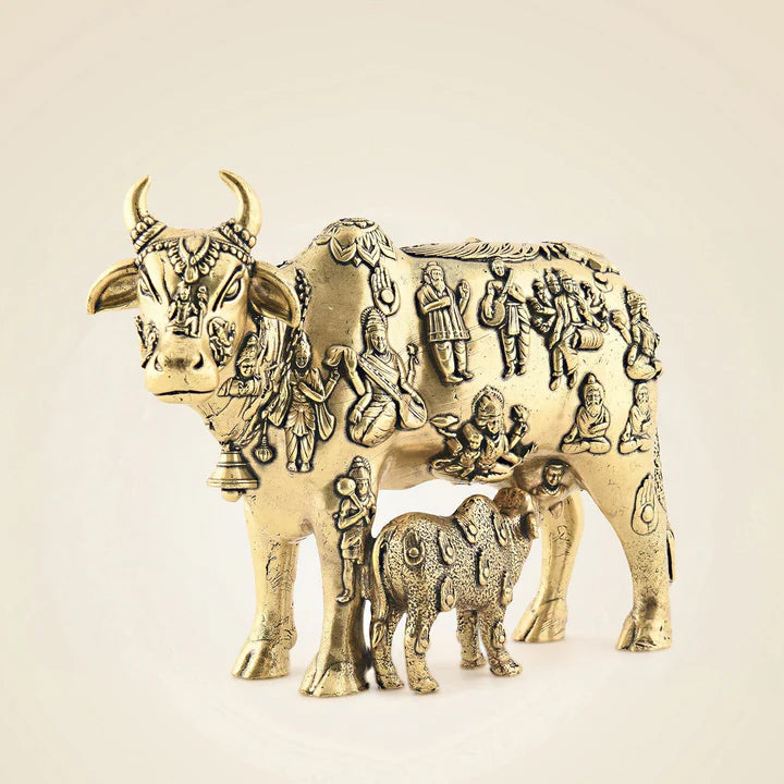 Kamdhenu Cow & Calf Brass Idol 3.75" – Sacred Indian Symbol of Prosperity