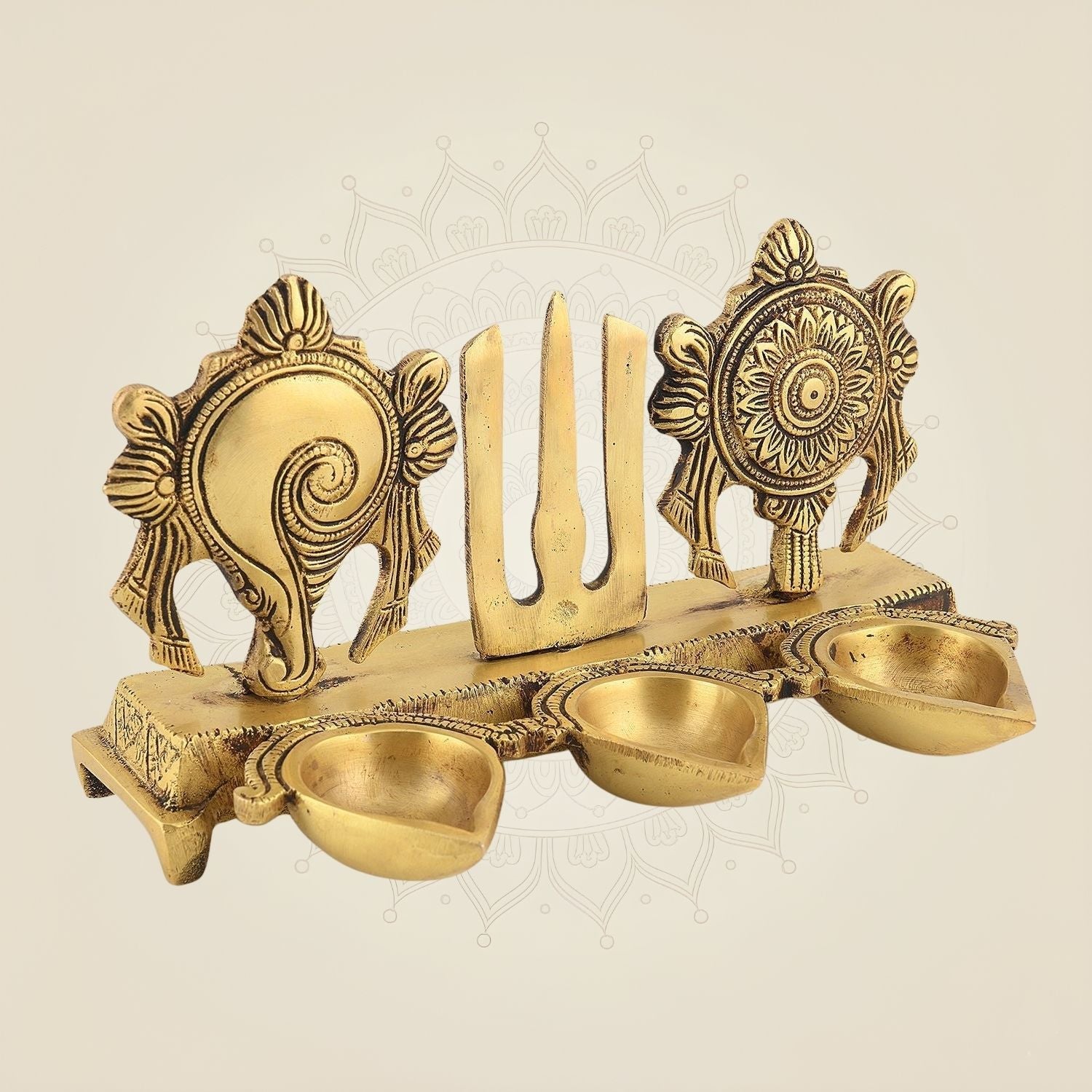 Brass Shankh Chakra Diya – 4" Aarti Deepam for Pooja, Mandir & Spiritual Decor
