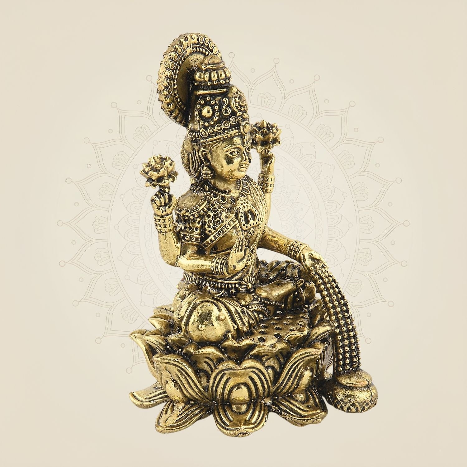 Laxmi Maa on Lotus Idol- 4.25" Handcrafted Brass Wealth Statue