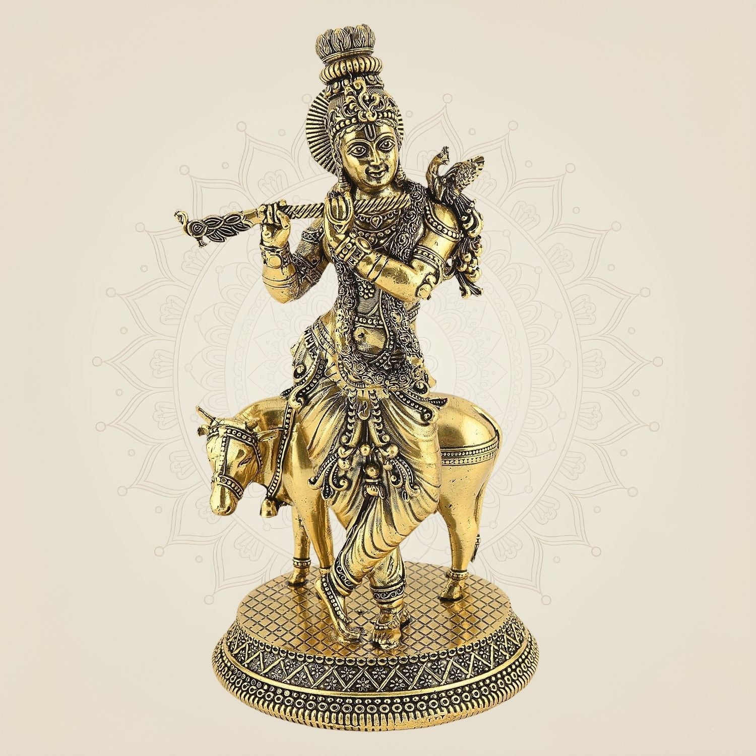 Lord Krishna with Cow Idol – 8" Handcrafted Brass Murti for Spiritual Gift & Decor