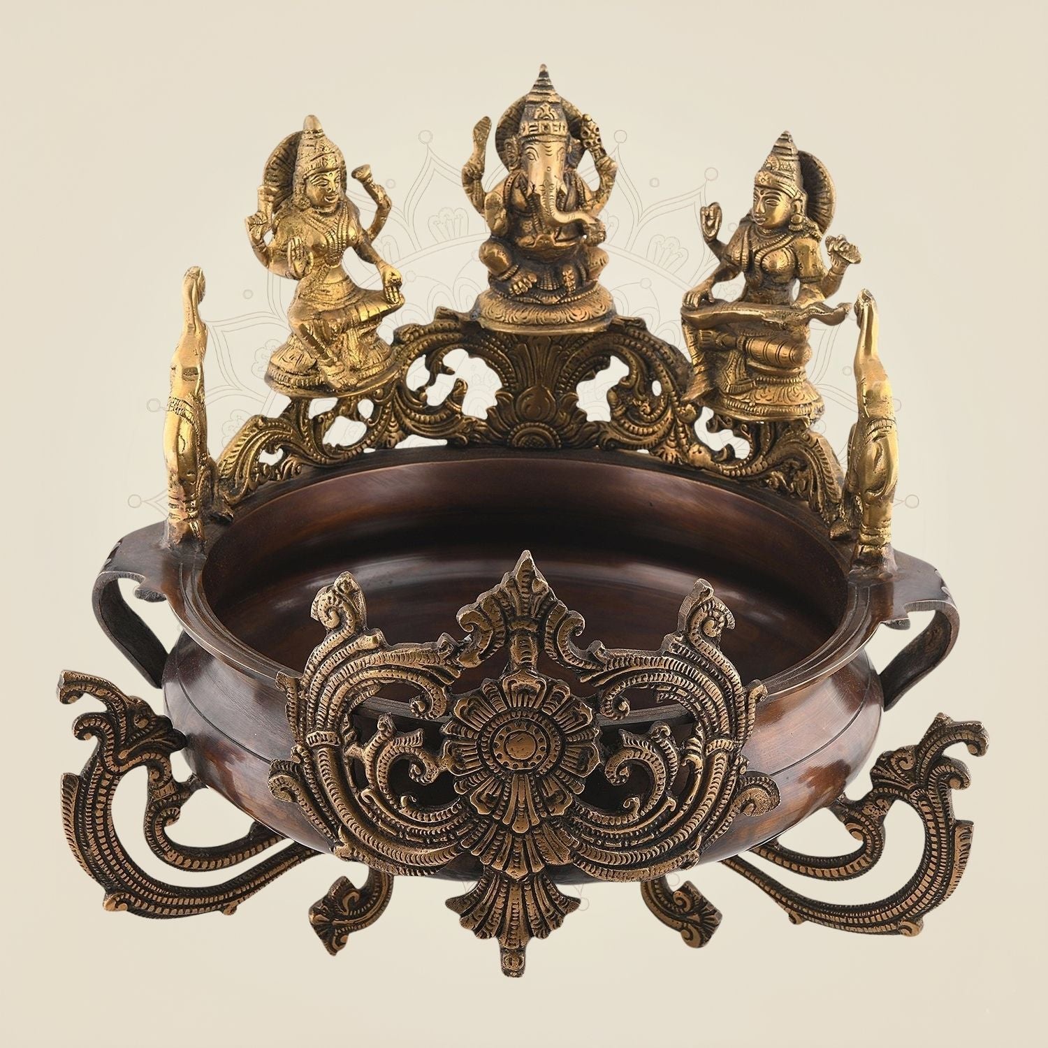 Laxmi Ganesh Saraswati Brass Urli – 13.5" Handcrafted Bowl for Puja, Decor & Spiritual Use