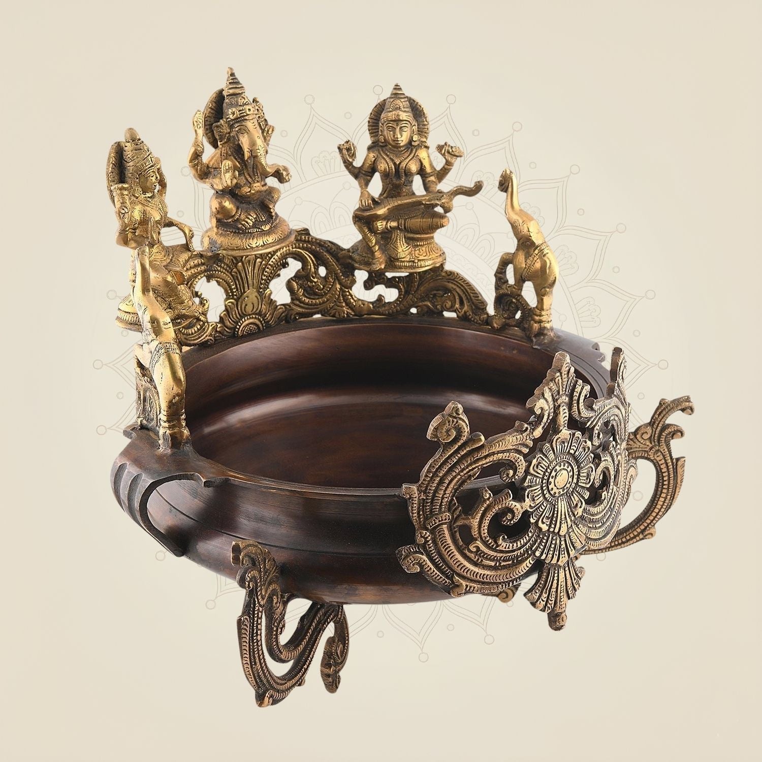 Laxmi Ganesh Saraswati Brass Urli – 13.5" Handcrafted Bowl for Puja, Decor & Spiritual Use