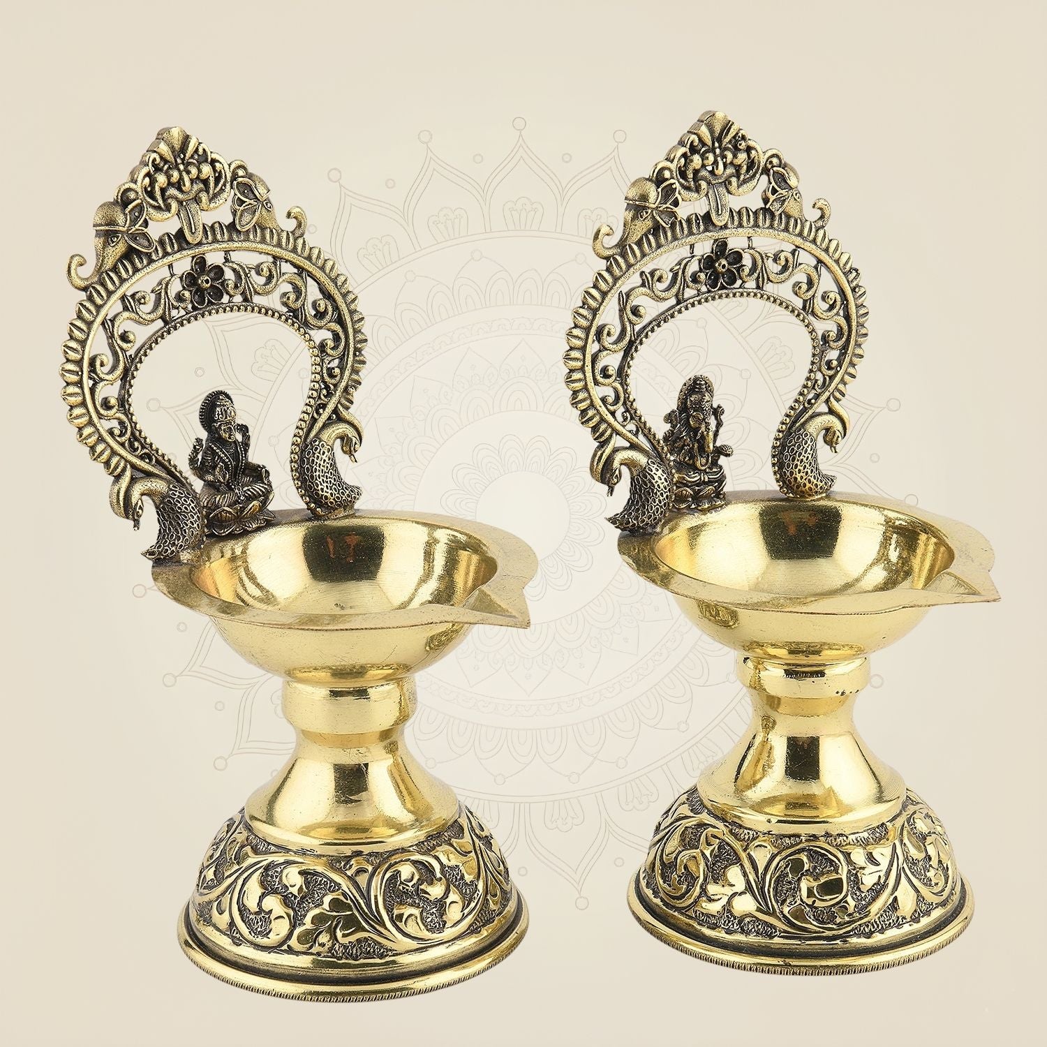 5.5" Brass Laxmi Ganesh Diya Set – Gajalakshmi Superfine Lightweight Oil Lamp