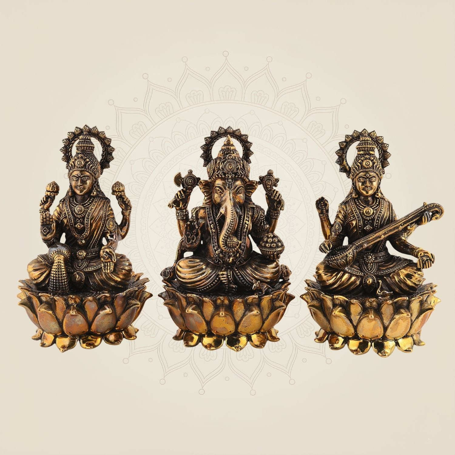 Laxmi Ganesh Saraswati Idol – 6" Handmade Brass Murti on Lotus