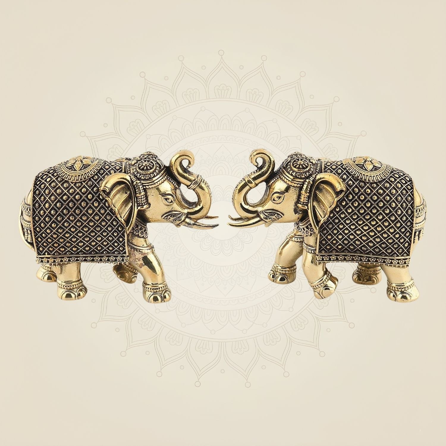 Intricately Carved Elephant Pair – 3" Lightweight Pure Brass Handicraft