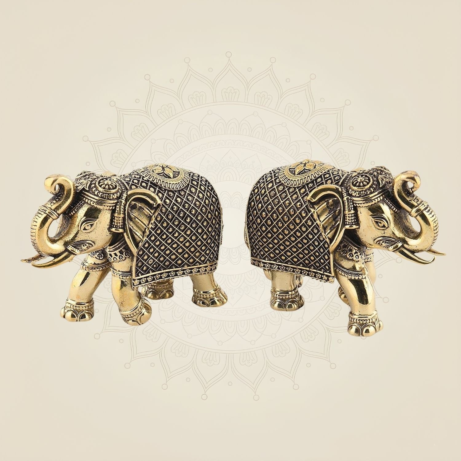 Intricately Carved Elephant Pair – 3" Lightweight Pure Brass Handicraft