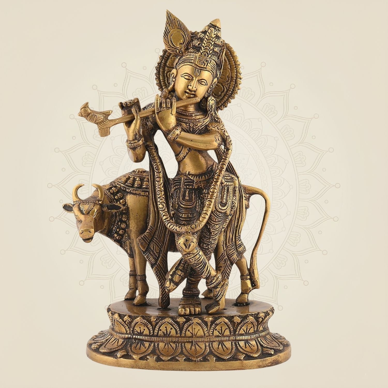 11" Krishna with Cow Idol – Handcrafted High Quality Brass Murti