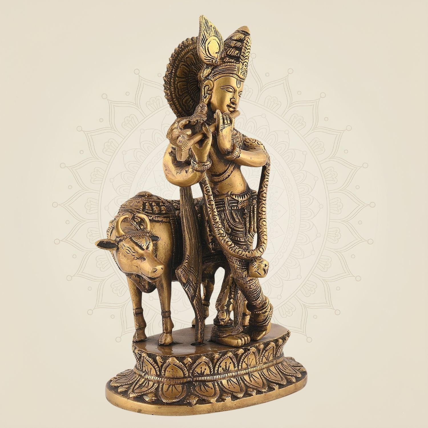 11" Krishna with Cow Idol – Handcrafted High Quality Brass Murti