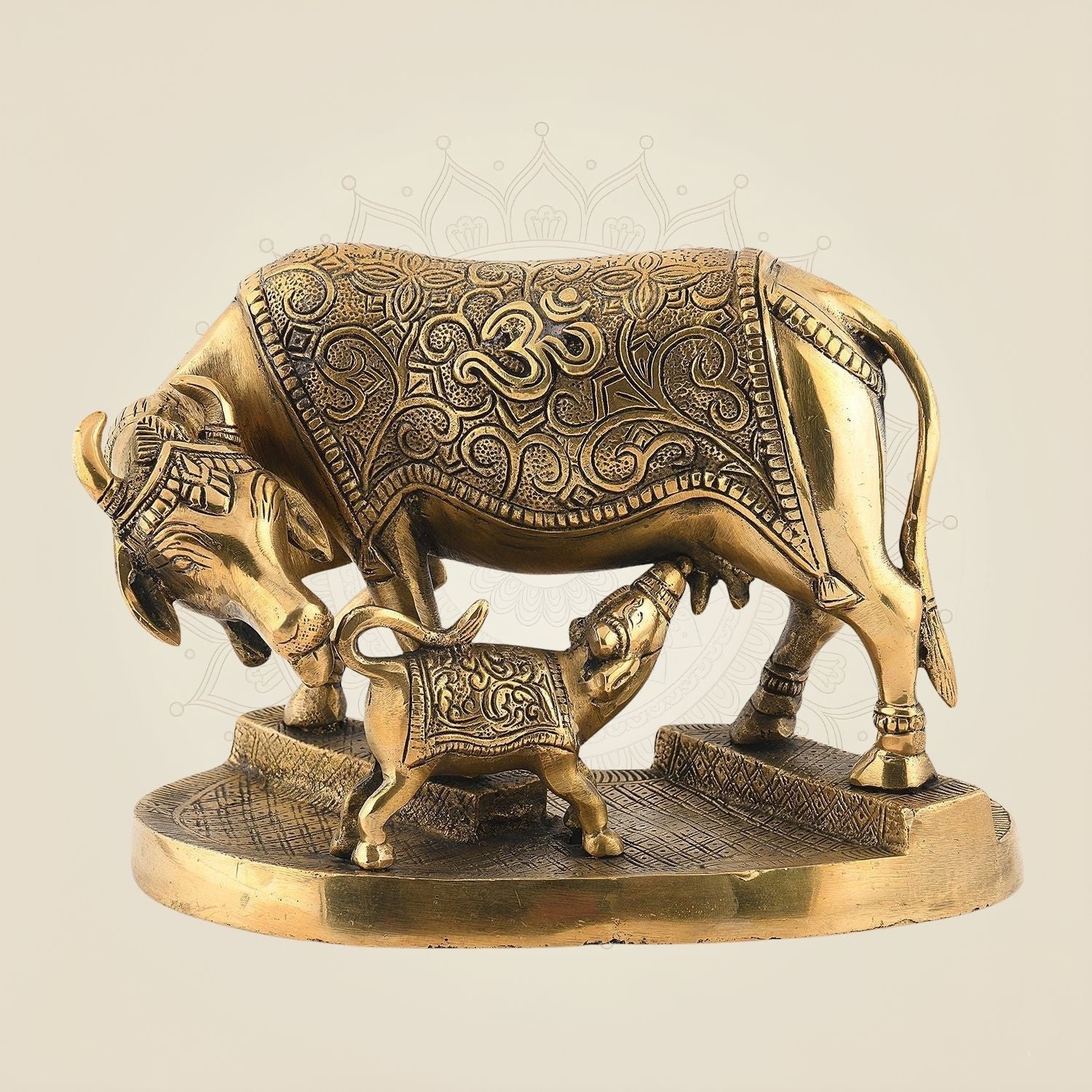 Kamdhenu Cow with Calf on Base – 6" Pure Brass Handcrafted Artisan Idol