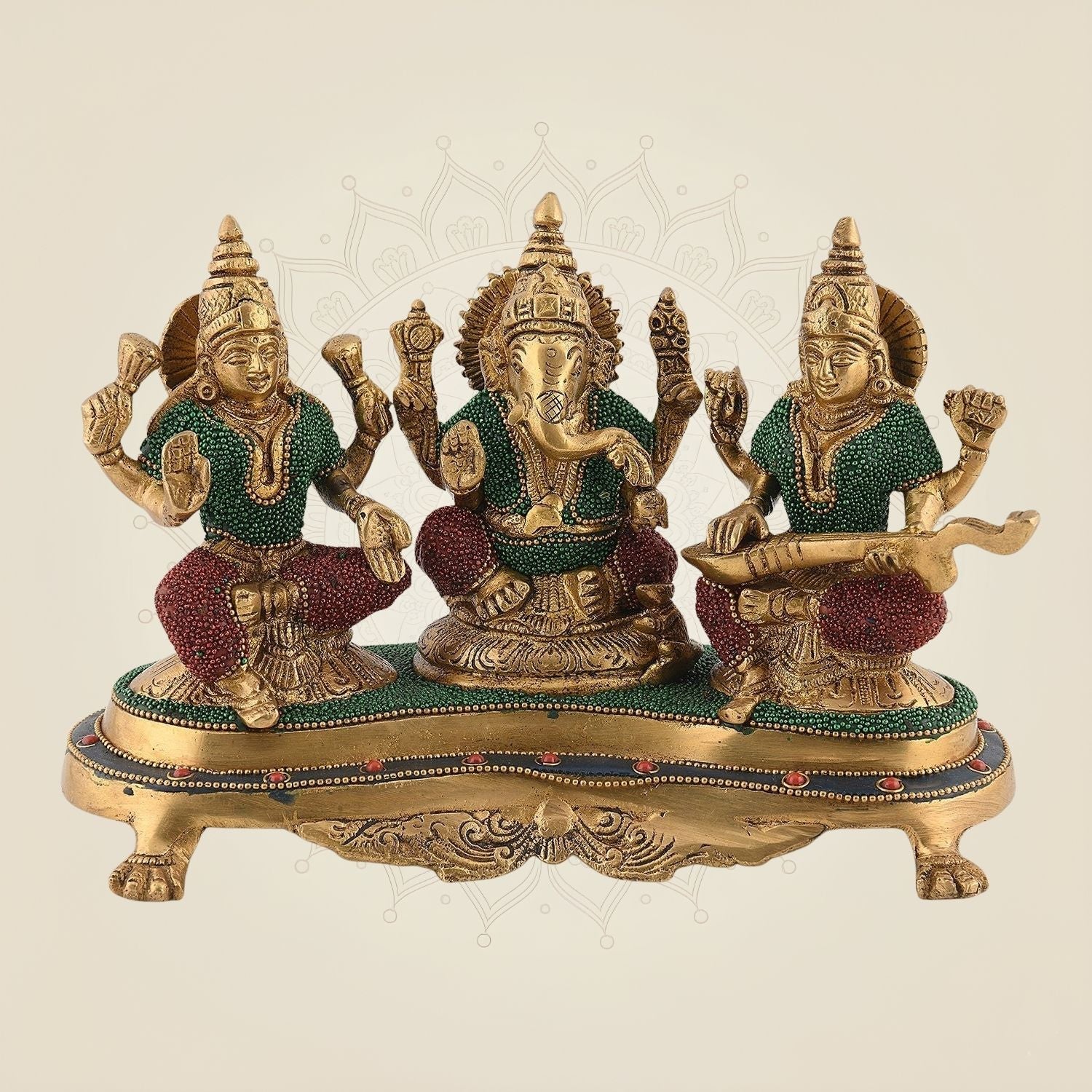 Divine Laxmi Ganesh Saraswati Idol – 6.5" Brass Murti with Stone Finish