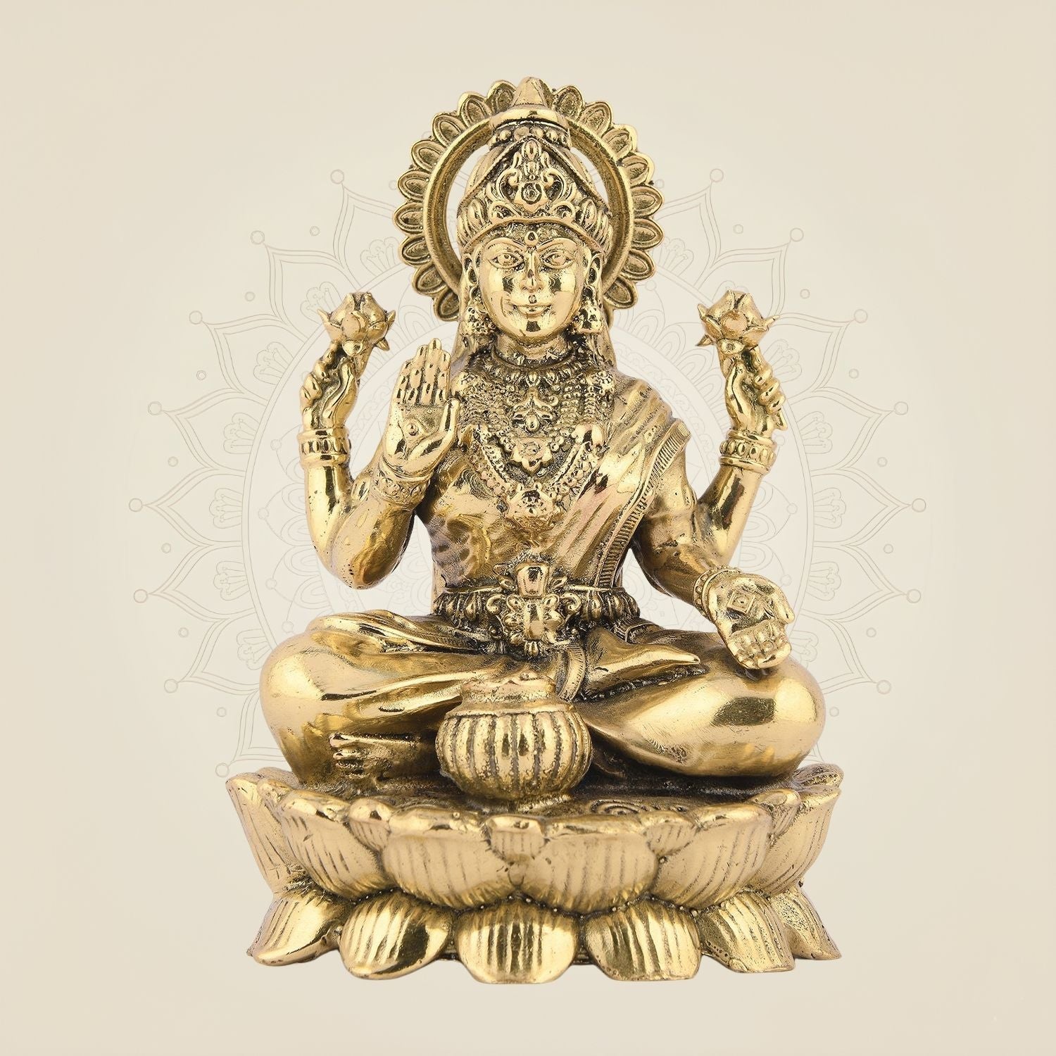 4.5" Laxmi Ji Seated on Lotus – Handcrafted Pure Brass Idol for Pooja Room