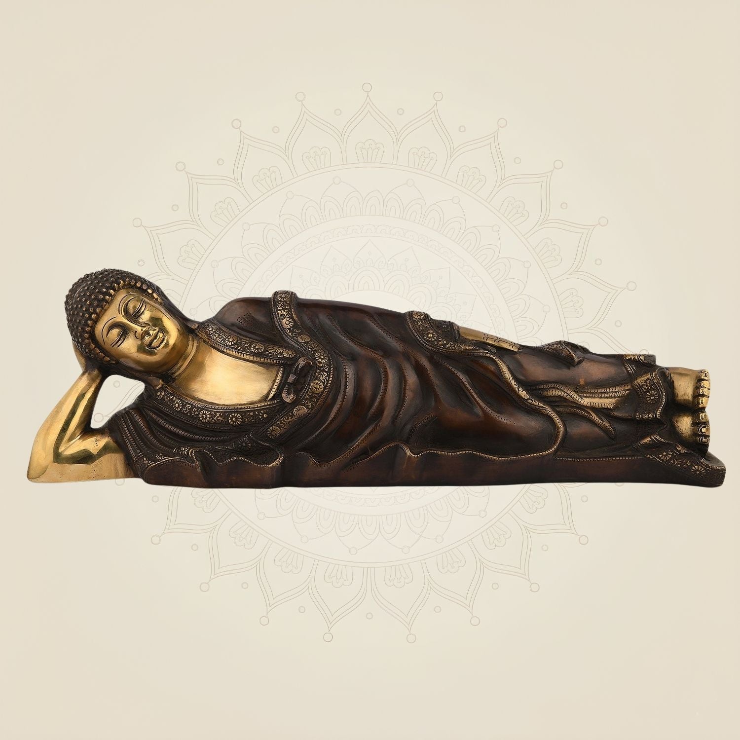 Pure Brass Sleeping Buddha Sculpture – 6" Handcrafted Decorative Idol