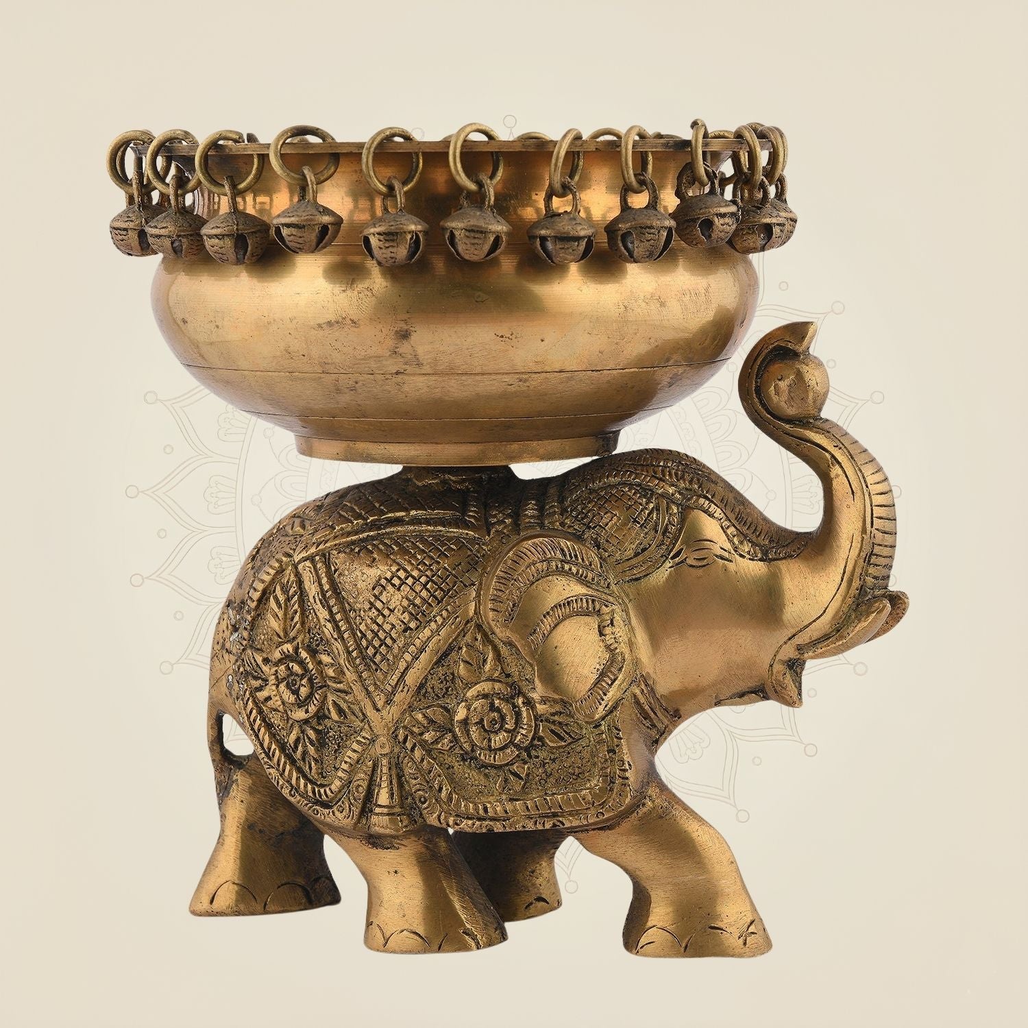 Pure Brass Elephant Urli Bowl with Ghungroo 8" – Traditional Decor for Mandir & Festivals