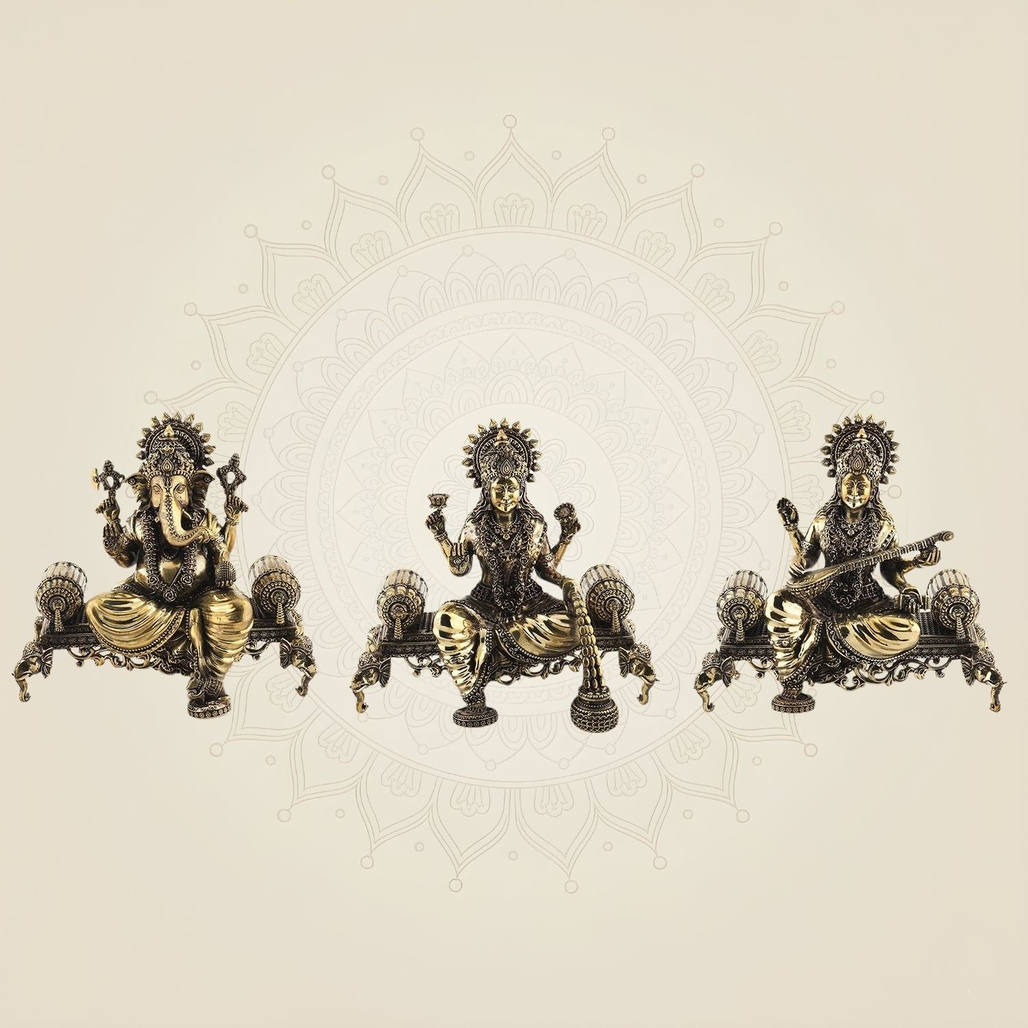 Laxmi Ganesh Saraswati Brass Idol 8" – Superfine Singhasan Statue