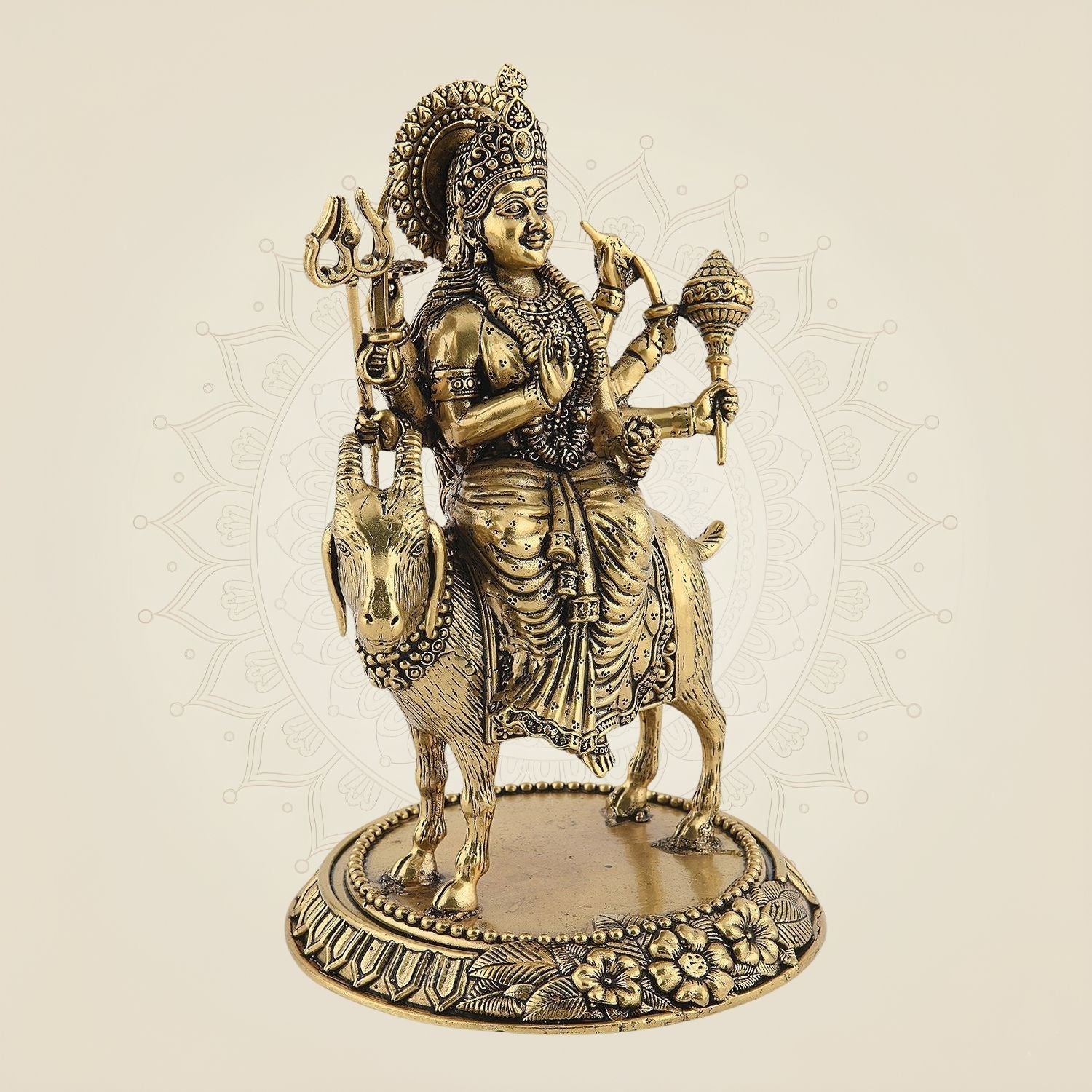 Durga Maa with Goat Idol 6.5" – Pure Brass Handcrafted Lightweight Statue