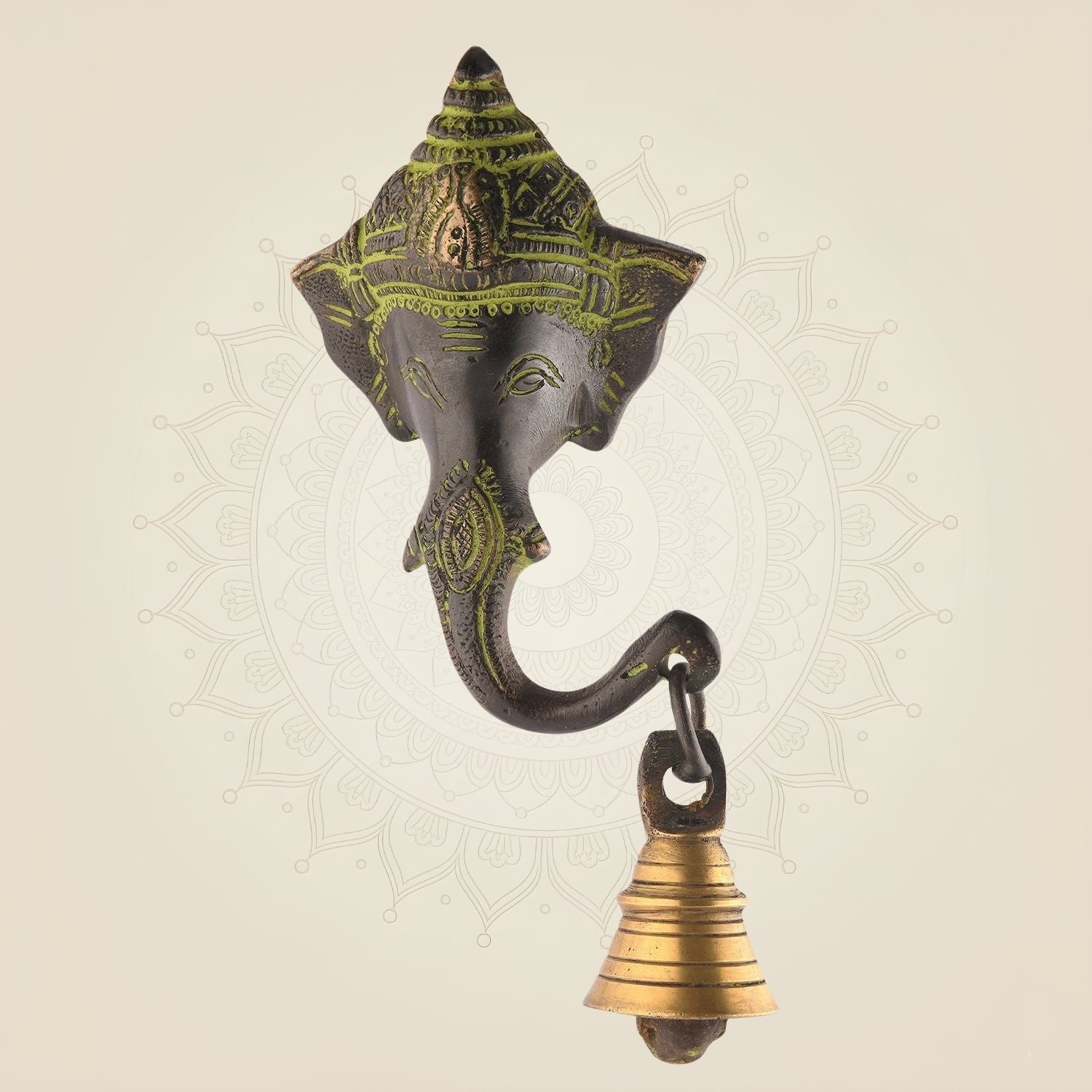 6" Antique Brass Ganpati Wall Hanging with Bell – Handcrafted Home Temple Decor
