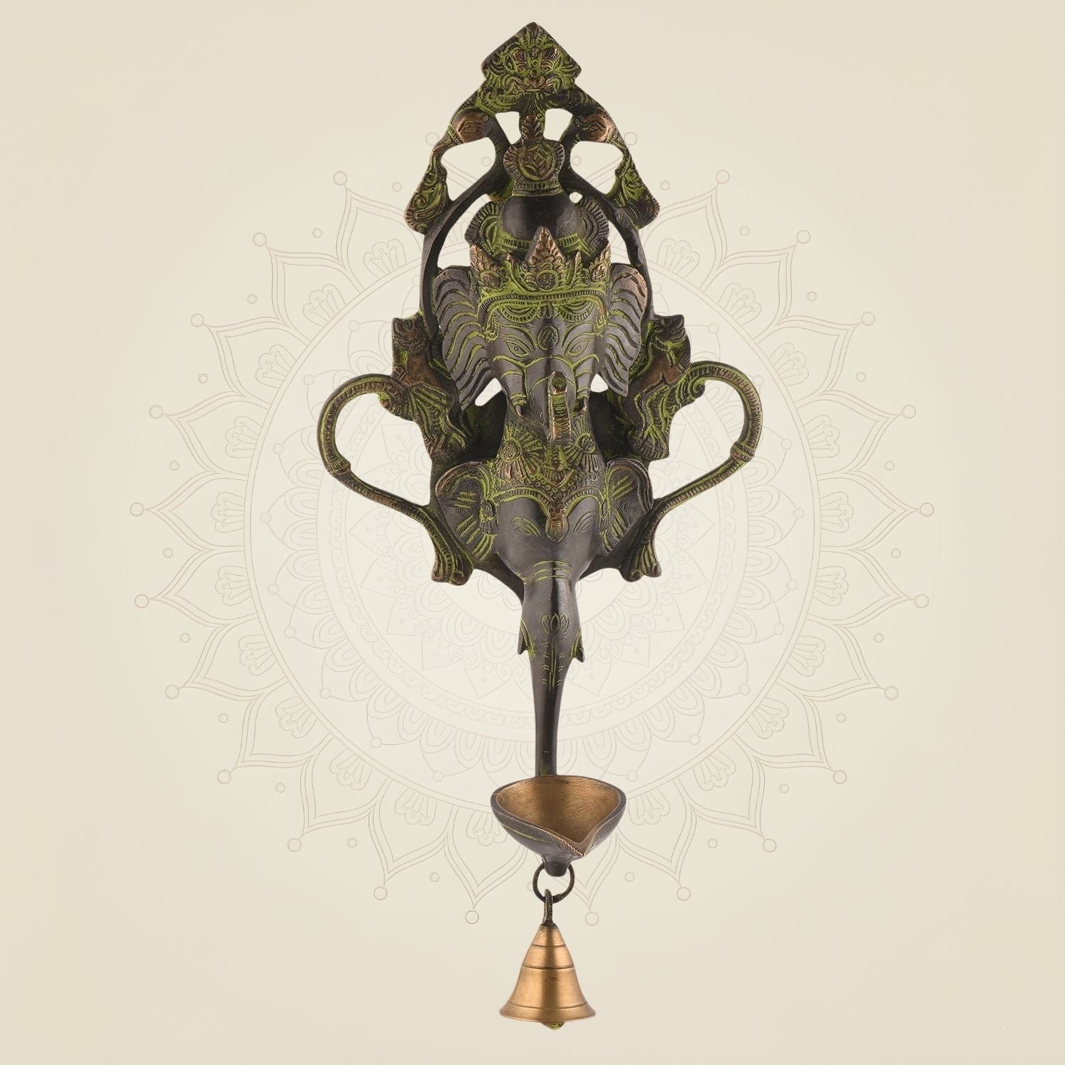 Ganpati Wall Hanging with Oil Lamp 15.5"– Antique Finish Pure Brass for Entrance Wall