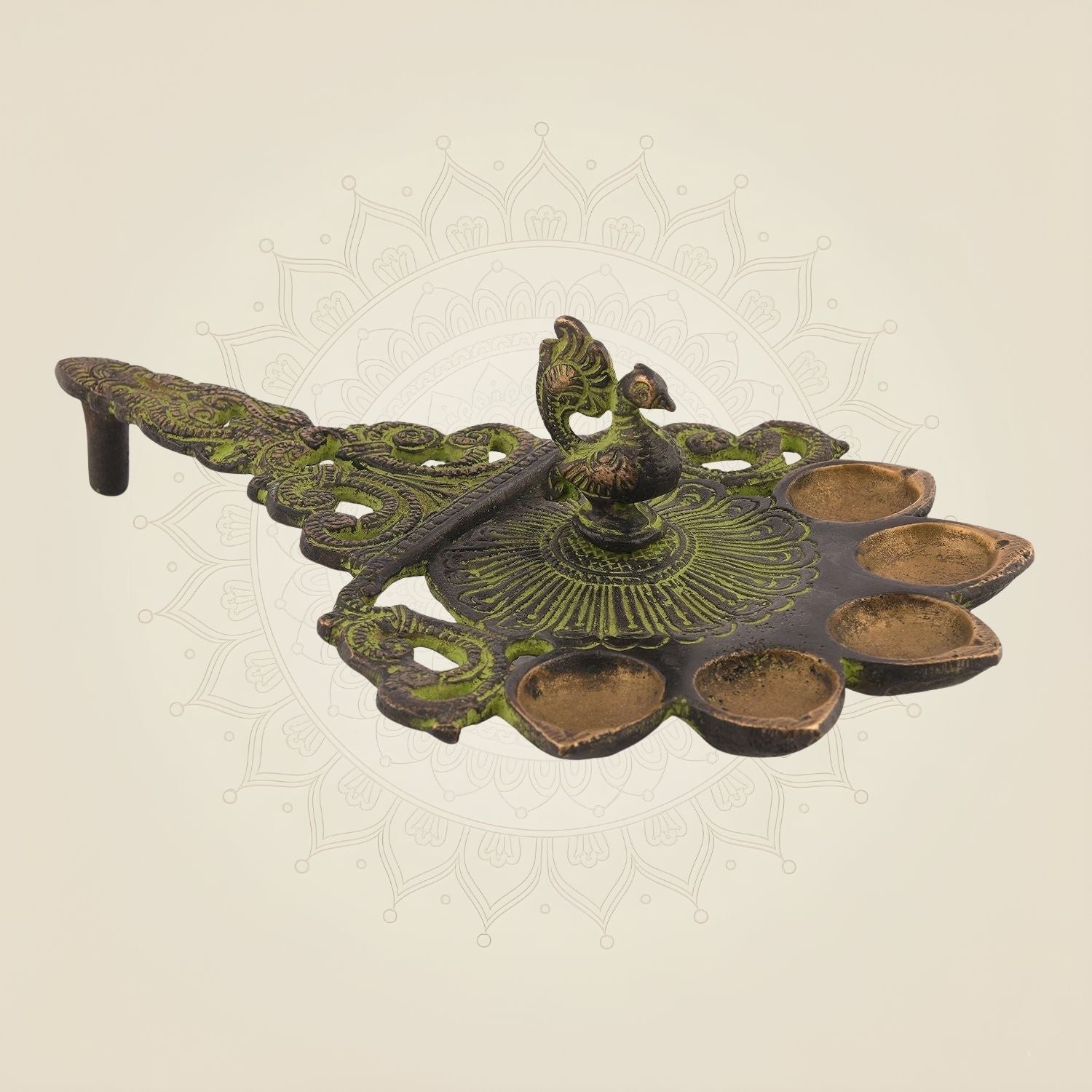 Pure Brass Panch Aarti Peacock Diya Artisan - 2.5"