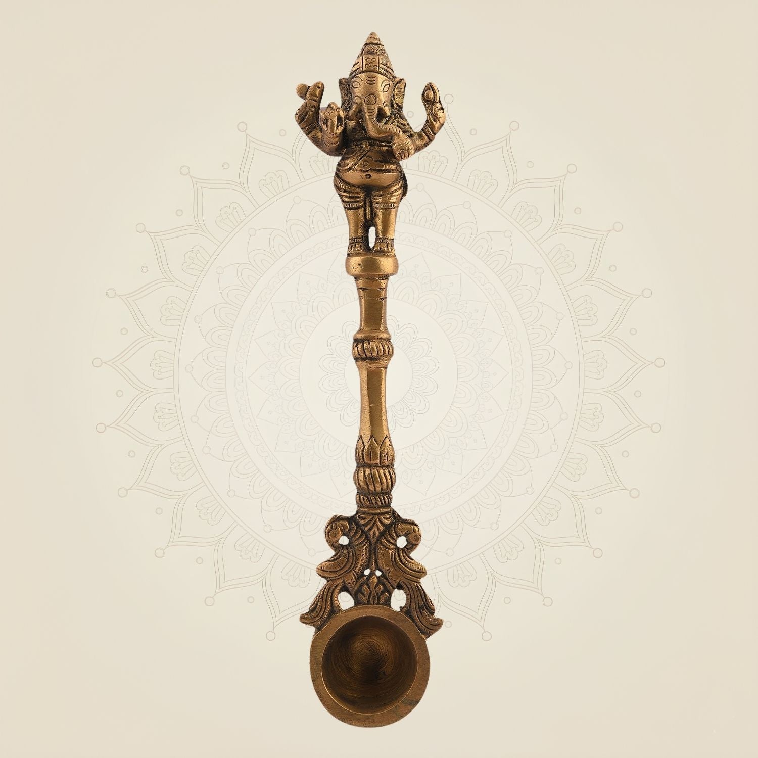 Pure Brass Ganesha Pooja Spoon – 9.5" Religious Accessory for Ritual Use