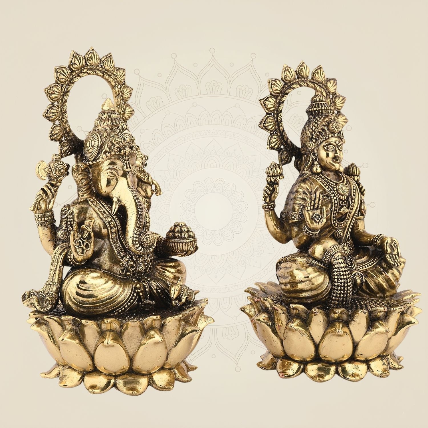 Ganesh laxmi on Lotus Idol – 9.25" Superfine Handcrafted Ritual Pure Brass Murti