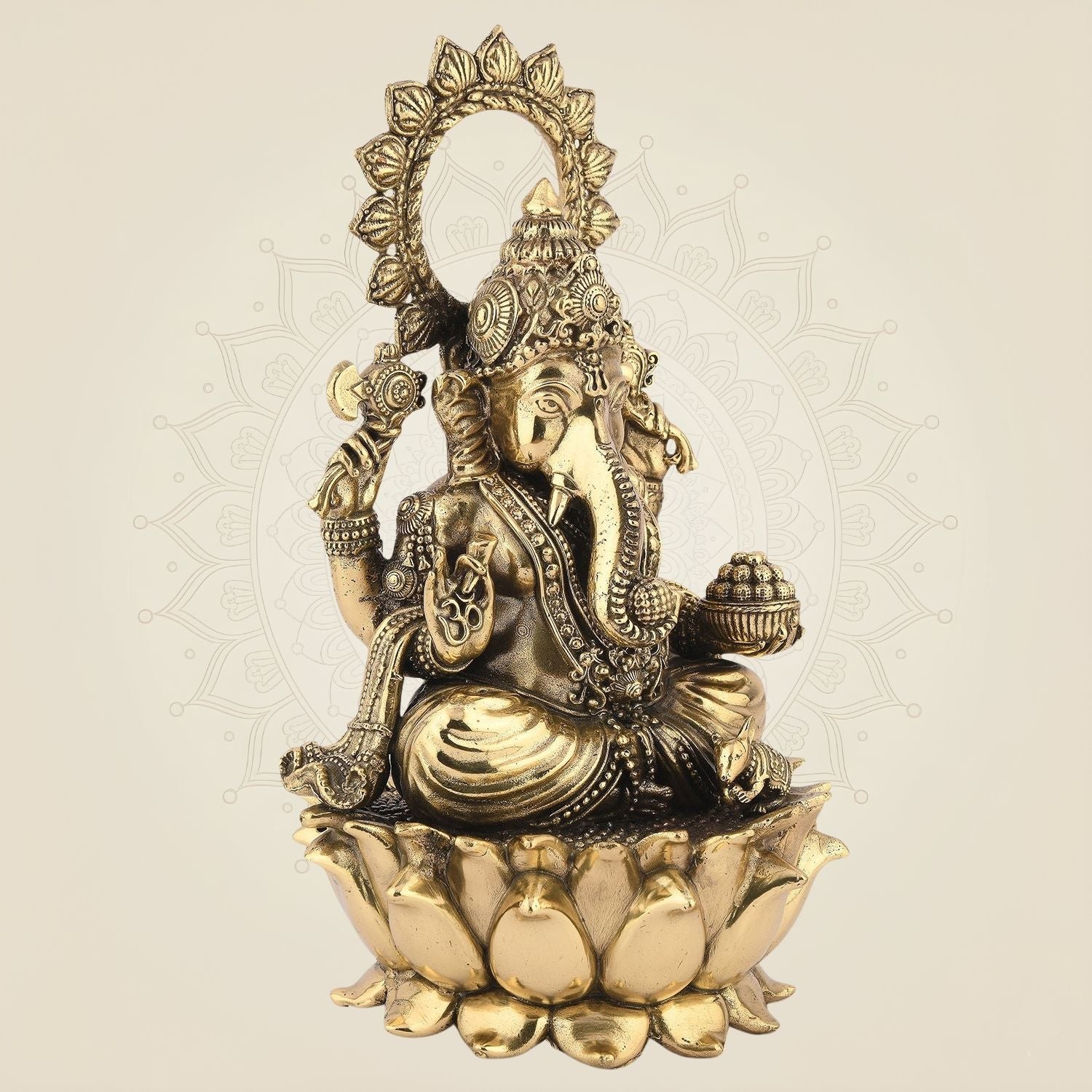 Chaturbhuj Ganesha Brass Idol– 9.25" Handcrafted Murti For Pooja & Decor
