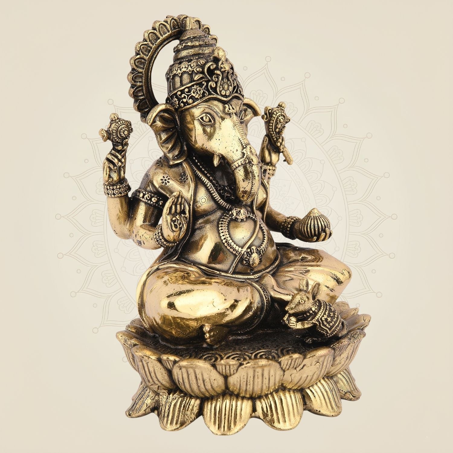 Chaturbhuj Ganesha Brass Idol- 4.25" Handcrafted Murti, Lightweight Pure Brass Statue