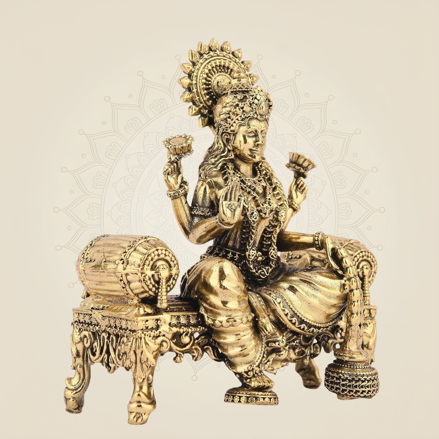 Lakshmi Ji Idol on Singhasan 4.25"– Handcrafted Pure Brass Murti