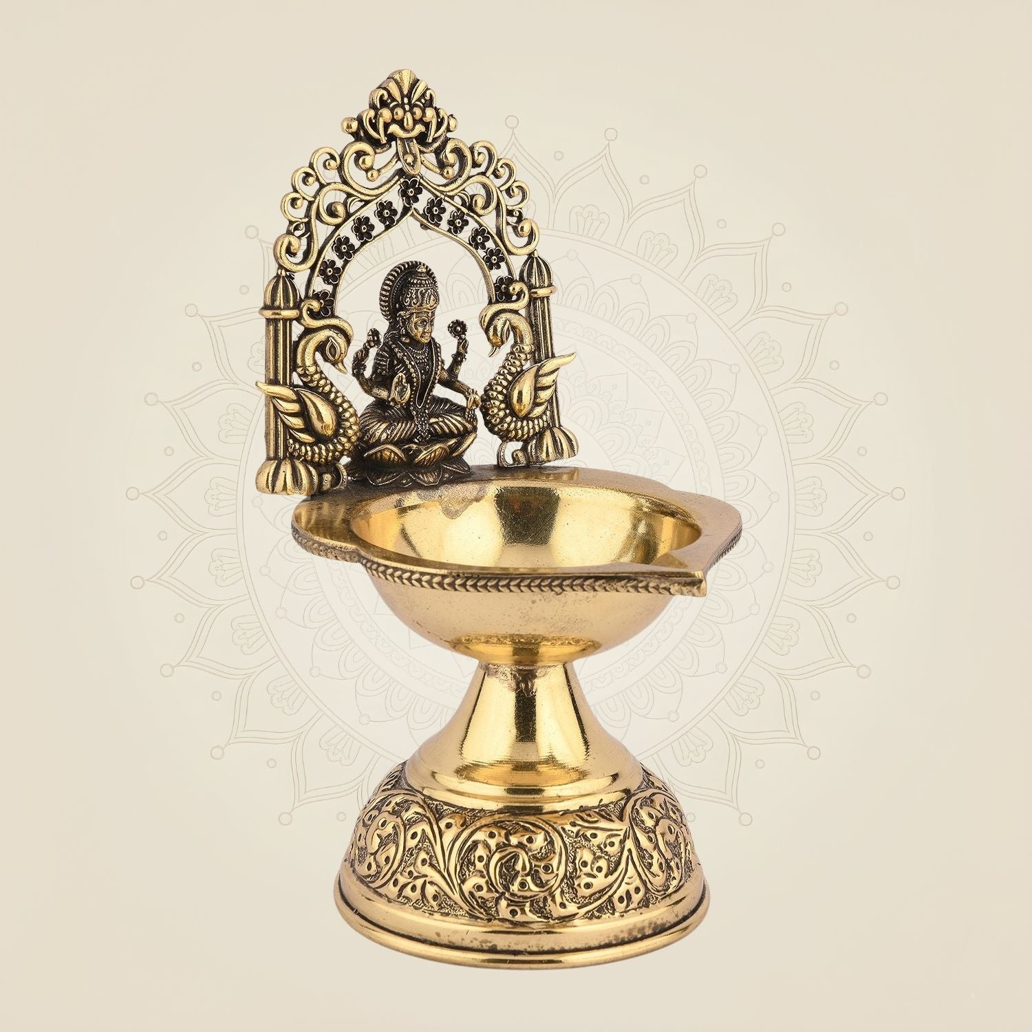 Lakshmi Mata Brass Diya 7.5" – Handcrafted Spiritual Oil Lamp for Home Temple