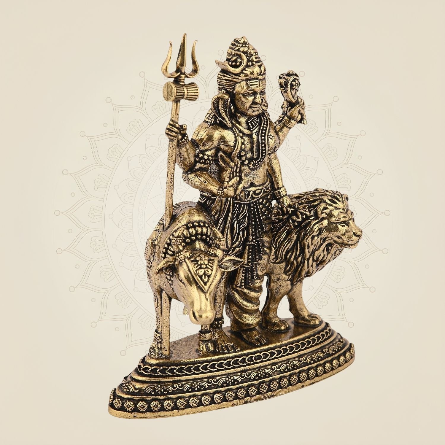 Ardhanarishvara Brass Idol with Nandi & Lion – 4.25" Handcrafted Symbol of Shiva-Shakti