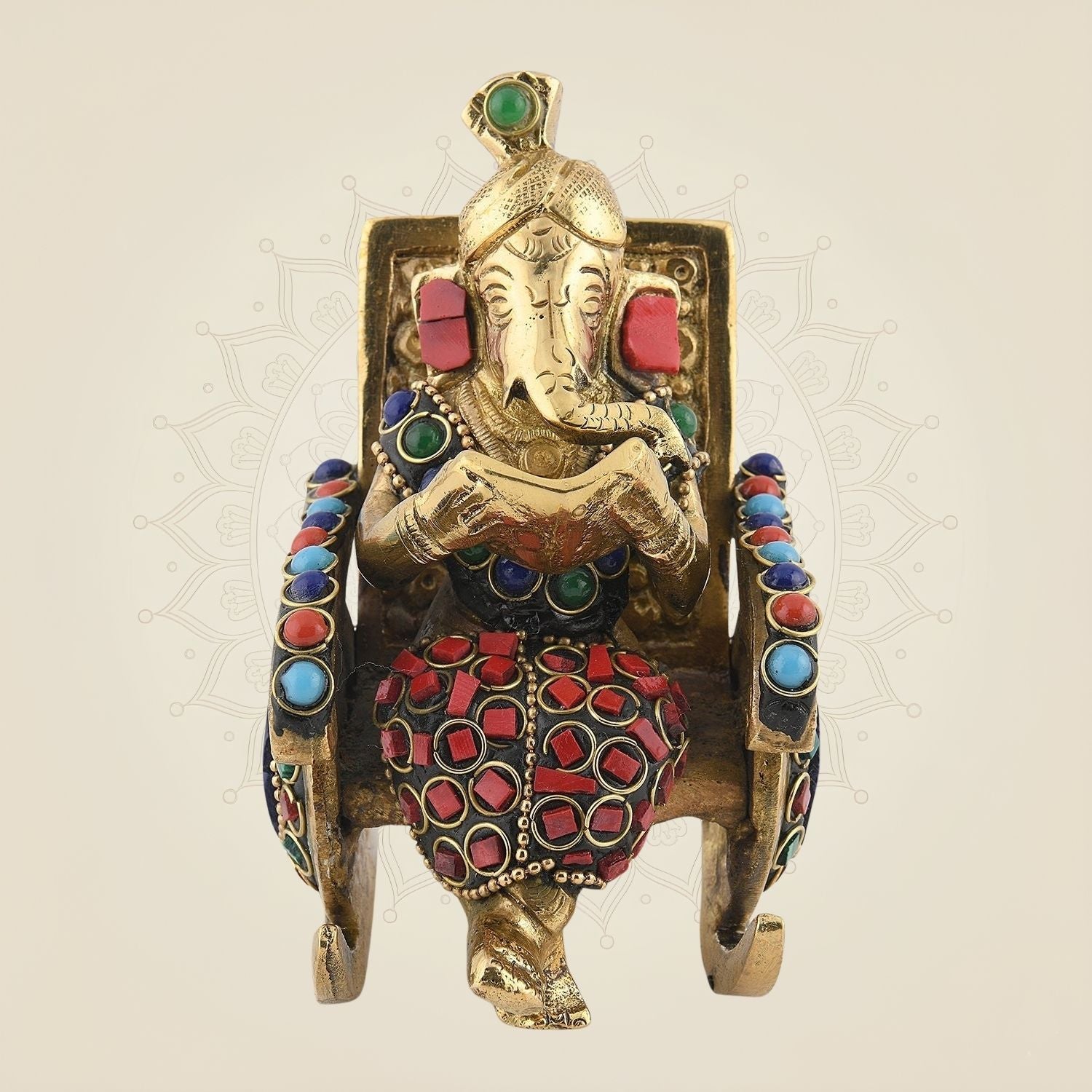 Ganesh on Chair Brass Idol – 4.5" Gold Finish with Handcrafted Stone Work Pooja Statue