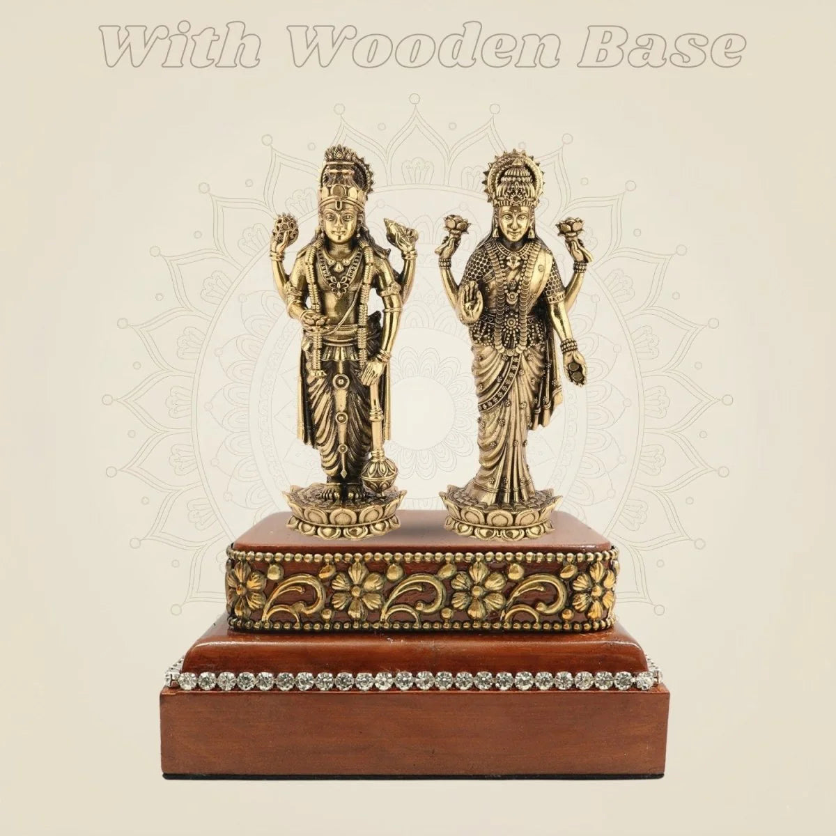 5" Lakshmi Vishnu Brass Idol with Intricate Detailing on Elegant Wooden Base