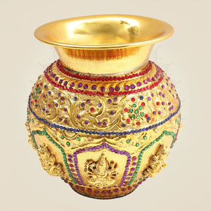 Brass Ashtalakshmi Brass Kalash with Jewellery Stone Work 6" - Luxeartisanship