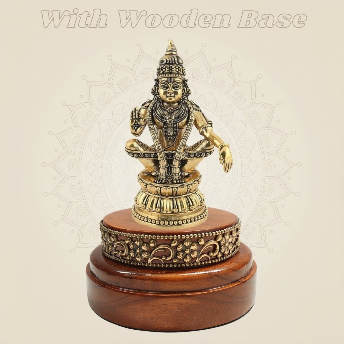 Brass Ayyappa Swami Idol 6" on a Round Wooden Base Display - Luxeartisanship